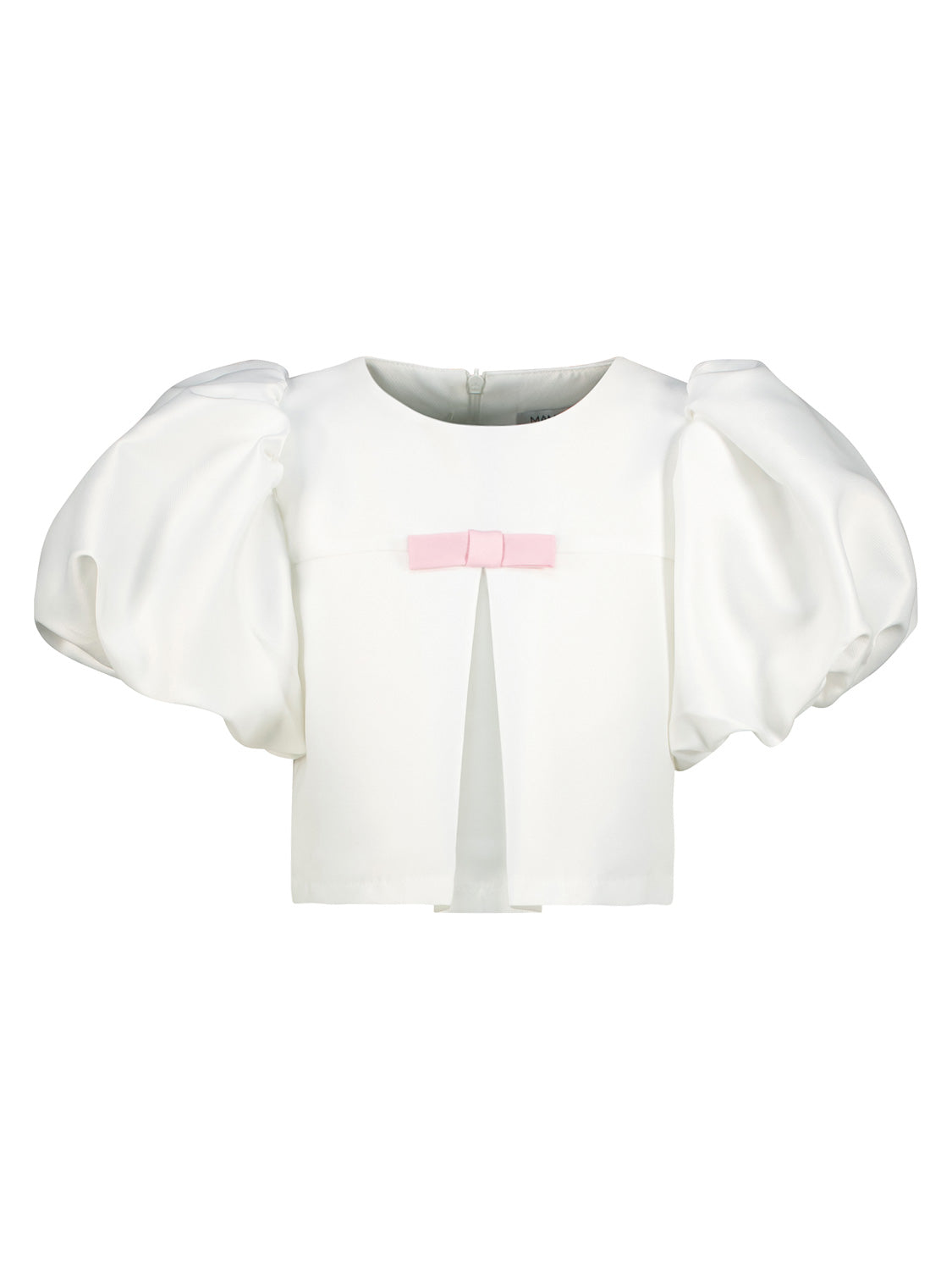 Bluse Weiß mit voluminösen Ballonärmeln, pinker Schleife und Faltenöffnung, von Mama Luma. Perfekt für stilvolle Mütter, erhältlich bei bellybutton.