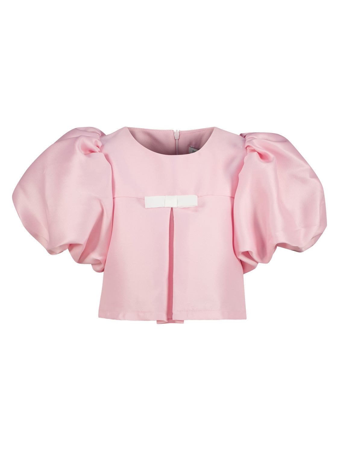 Bluse Rosa mit voluminösen Ballon-Ärmeln, rundem Ausschnitt und weißer Schleife, betont stilvoller Look von Mama Luma.