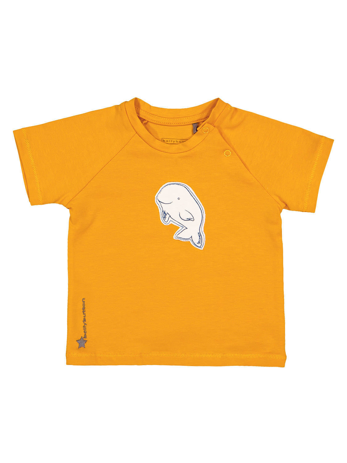 Kinder-T-Shirt Unterwasserwelt Orange mit belugaartigem Walaufdruck, zwei Druckknöpfen an der Schulter und kleinem Logo am Saum, ideal für Babys und Kleinkinder.
