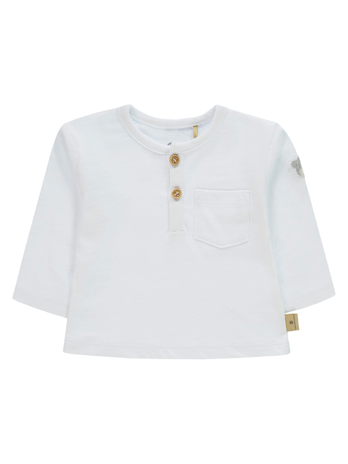 Langärmliges Kinder-Henley-Shirt Longsleeve Weiß mit Rundhalsausschnitt, Zweiknopfleiste, Brusttasche, aus weichem Strickstoff. Ideal für den bequemen und stilvollen Look von bellybutton.
