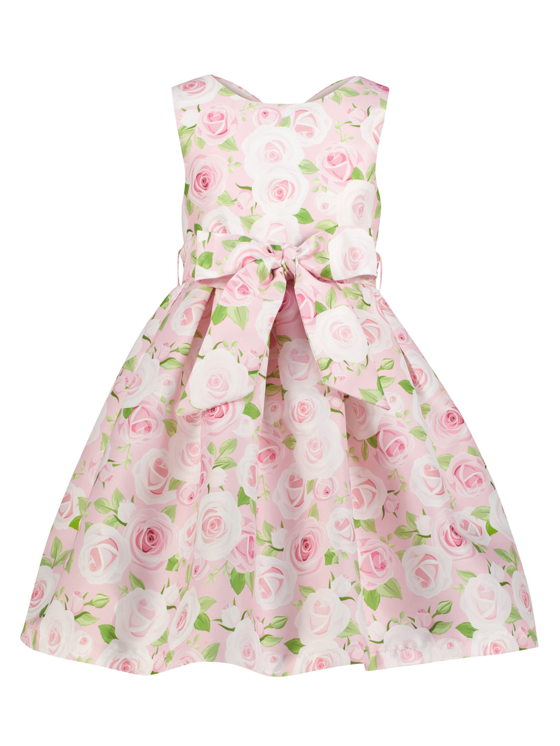 Ärmelloses Mädchen-Party-Kleid Kleid Rosa mit Rosenmuster, aus mattem Satin, bodennahe Länge, mit passender Schleife, von Mama Luma, erhältlich bei bellybutton.