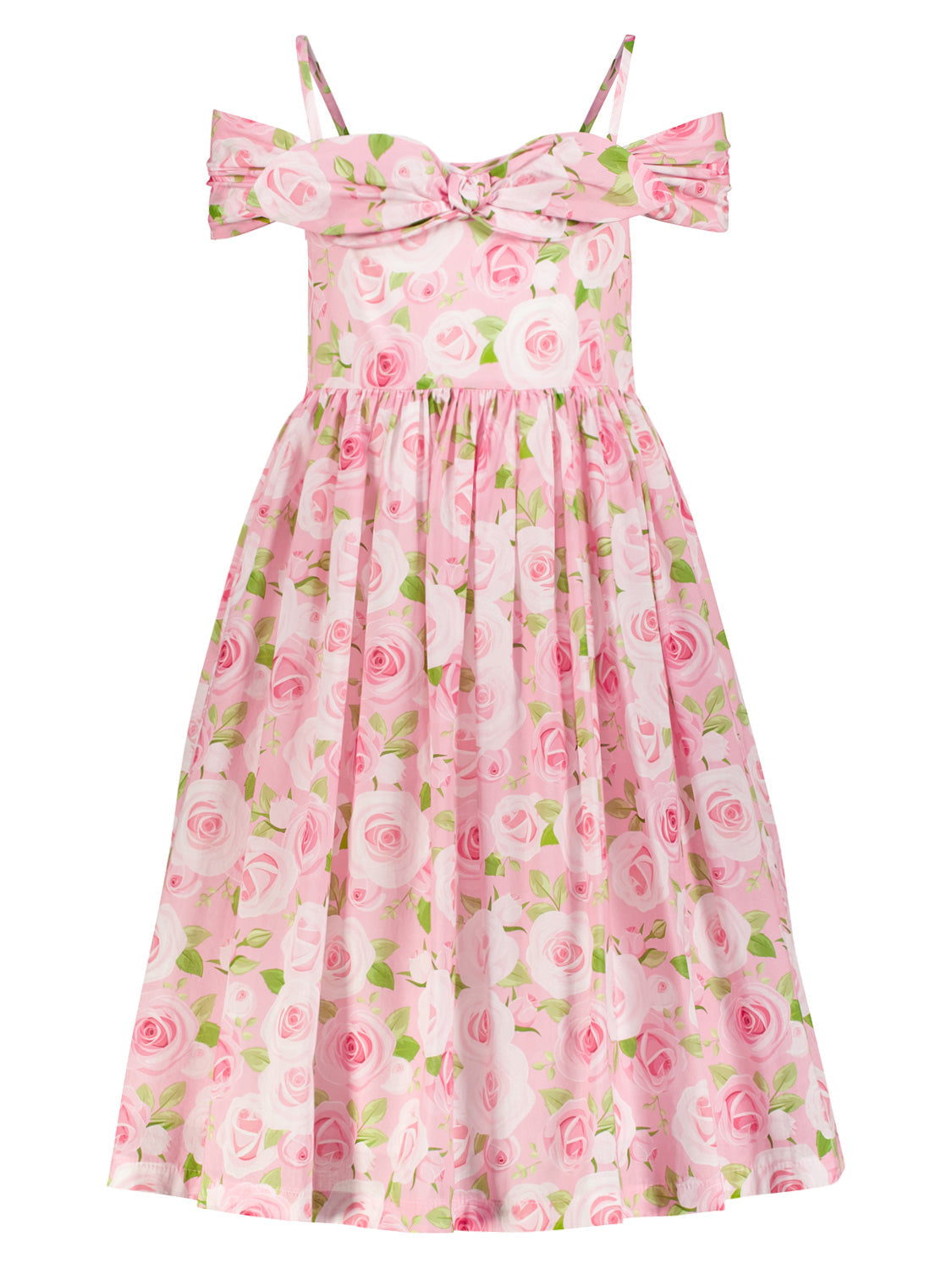 Kleid Rosa aus leichter Baumwolle mit Rosenmuster, von Mama Luma. Verspielte Schulterdetails, figurbetontes Oberteil und A-Linien-Rock, perfekt für sommerliche Anlässe.