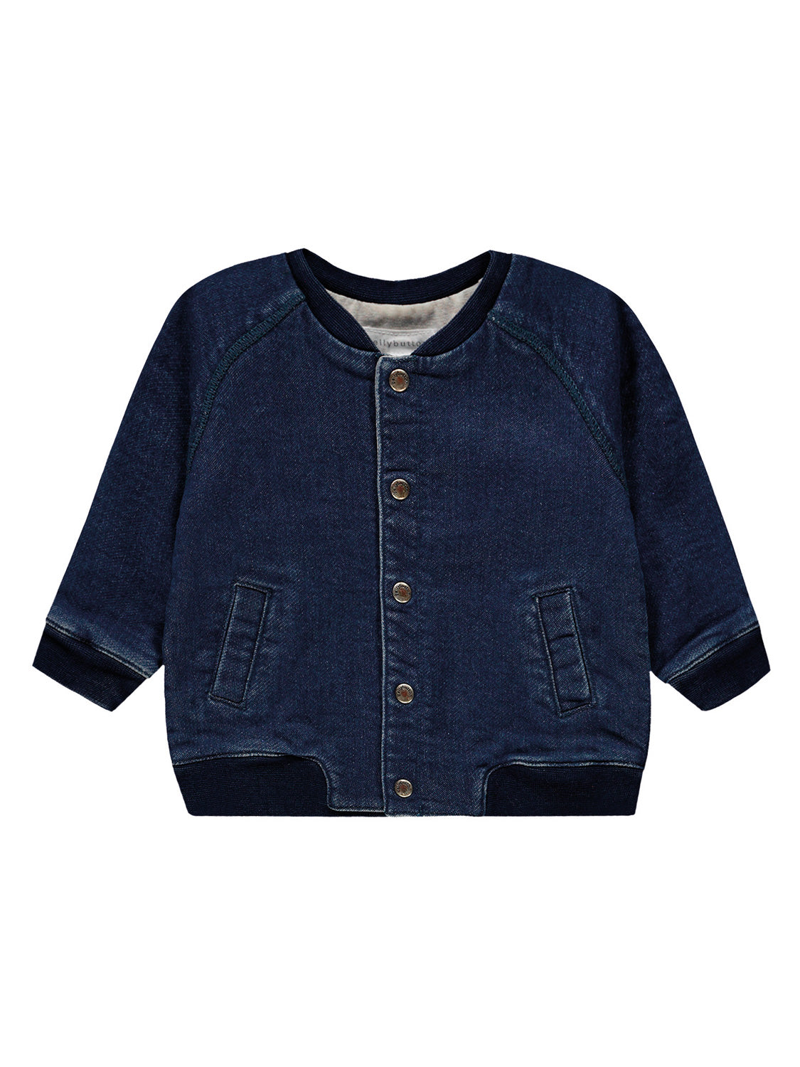 Jacke Jungle Life Blau: Dunkelblaue Kinderjacke aus Denim-Stoff, mit langen Ärmeln, Rundhalsausschnitt, fünf Druckknöpfen, zwei Schubtaschen und gerippten Bündchen, ideal für modische Babykleidung.