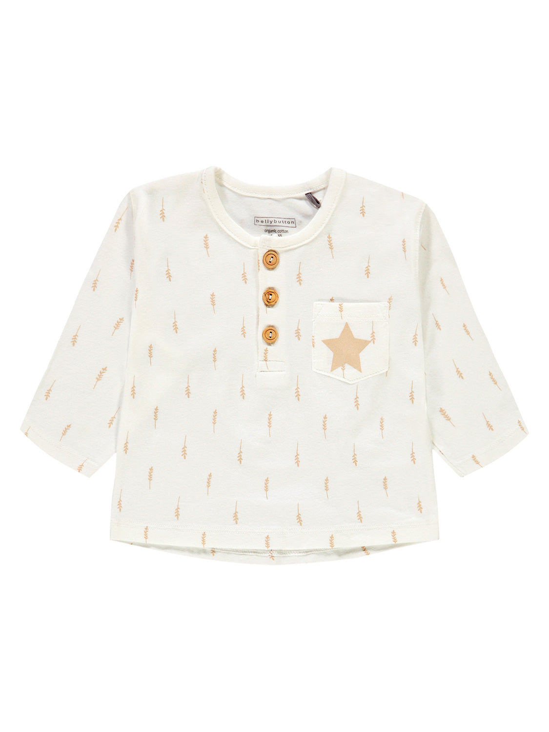Langarmshirt My Boy Beige: Kinderhemd mit blassbraunem Zweigdruck, Henley-Ausschnitt mit drei Knöpfen, Brusttasche mit Stern, aus bellybutton Bio-Baumwolle.