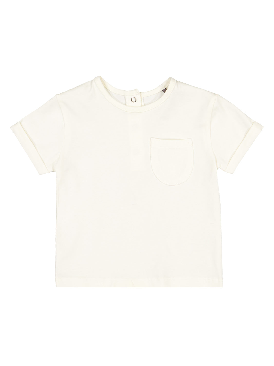 T-Shirt Cremeweiß mit kurzem Arm, Rundhalsausschnitt, kleiner Brusttasche links und Knopfverschluss hinten am Kragen, ideal für stilvolle Kinderkleidung von bellybutton.