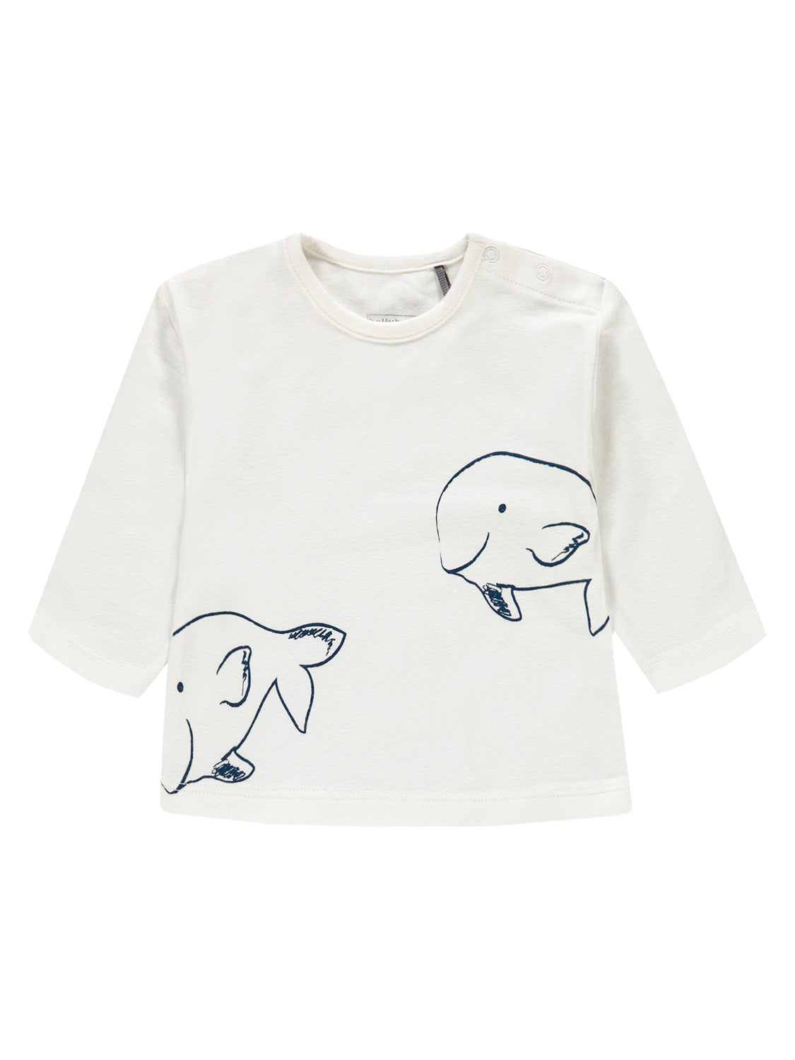 Langarmshirt „Longsleeve Weiß“ mit Wal-Illustrationen und Schulterdruckknöpfen, ideal für Babys oder Kleinkinder.