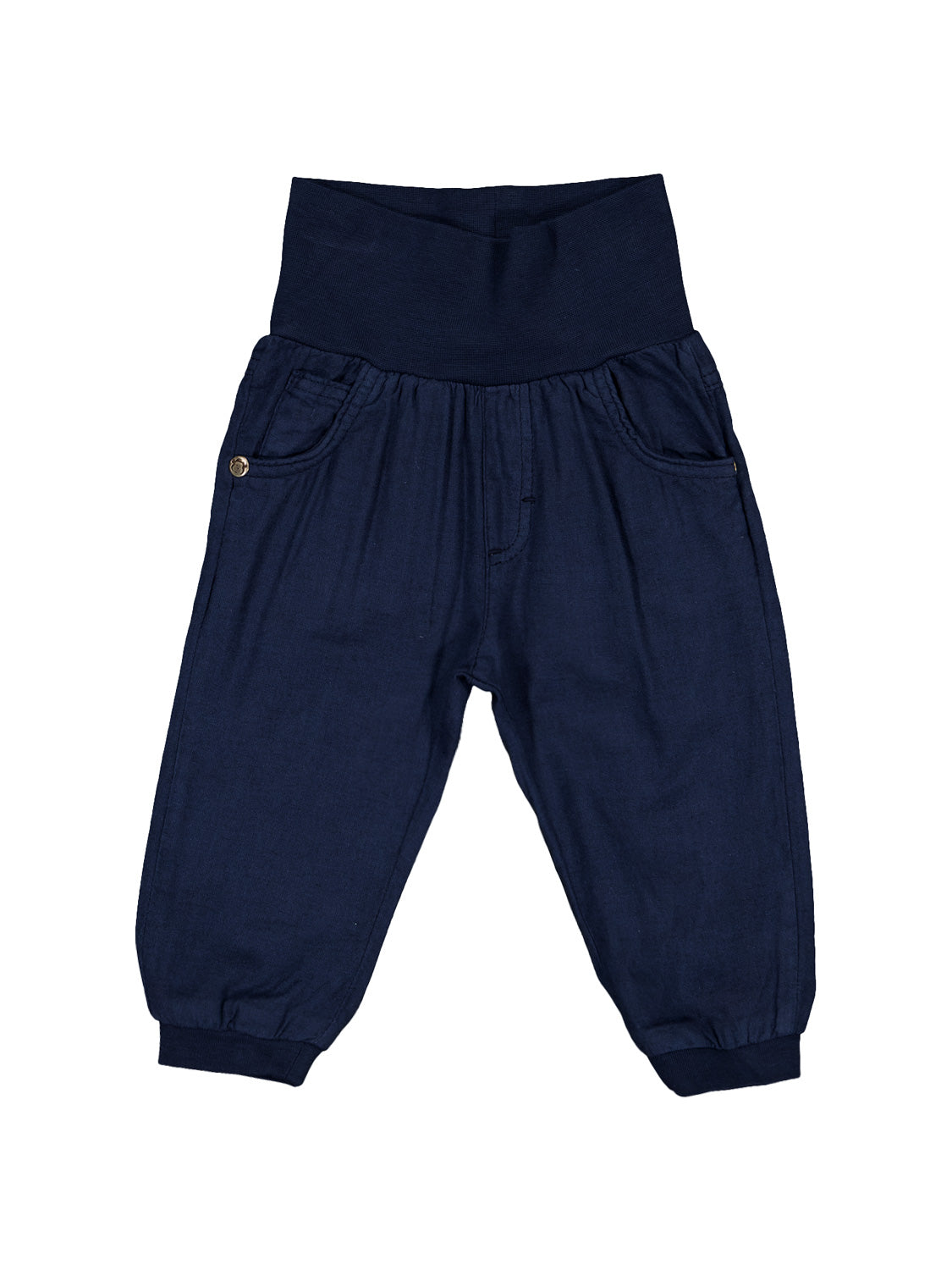 Hose Marineblau: Kinder-Haremhose mit weitem elastischem Bund, Fronttaschen (eine mit Zierknopf) und elastischen Knöchelbündchen, ideal für komfortable und stilvolle Kindermode bei bellybutton.