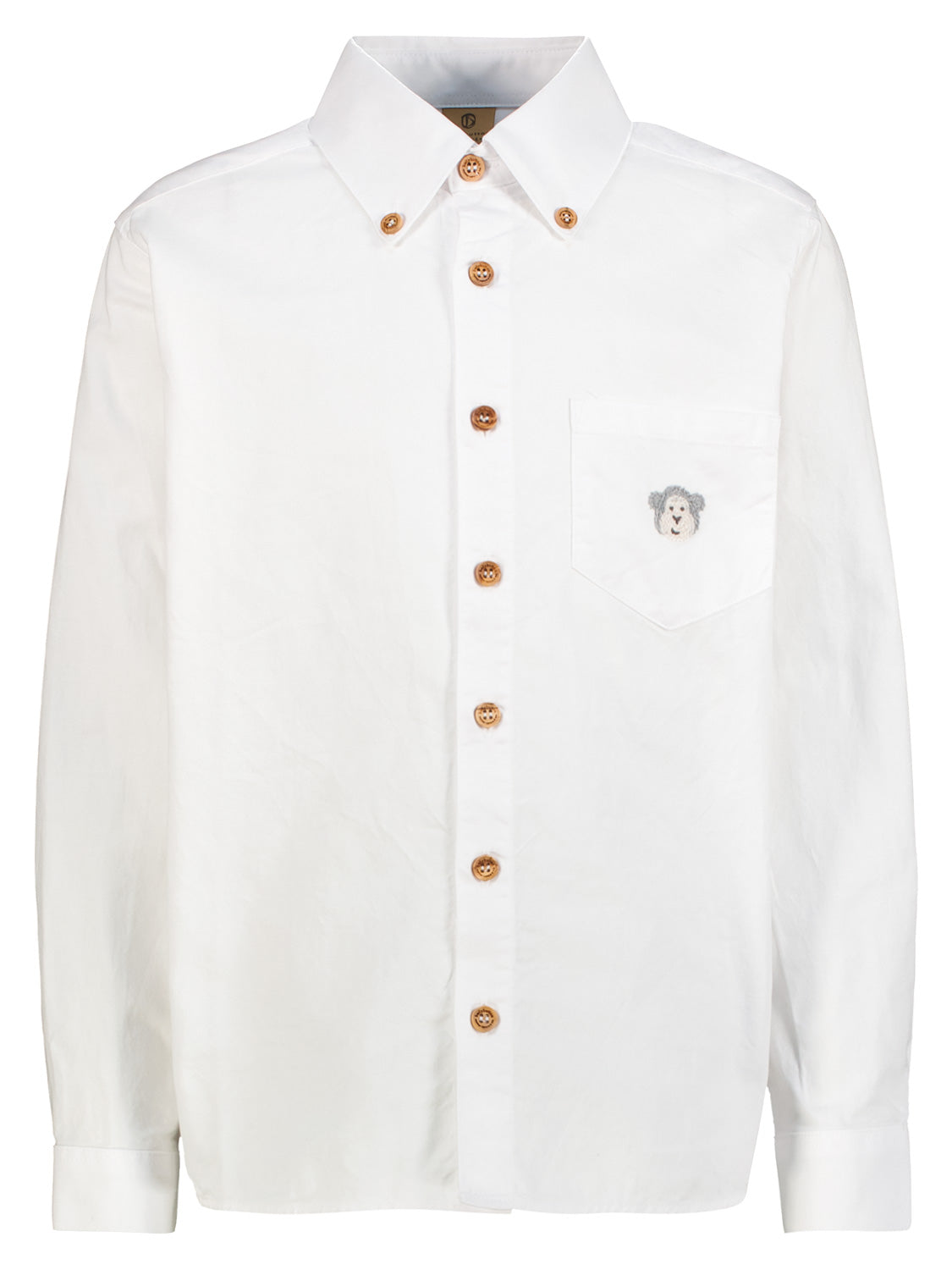 Hemd Weiß: Langärmliges Button-Down-Hemd mit spitzem Kragen, holzfarbenen Knöpfen und Brusttasche mit gesticktem Affengesicht. Ideal für stilvolle Kinder- und Teenagerbekleidung.