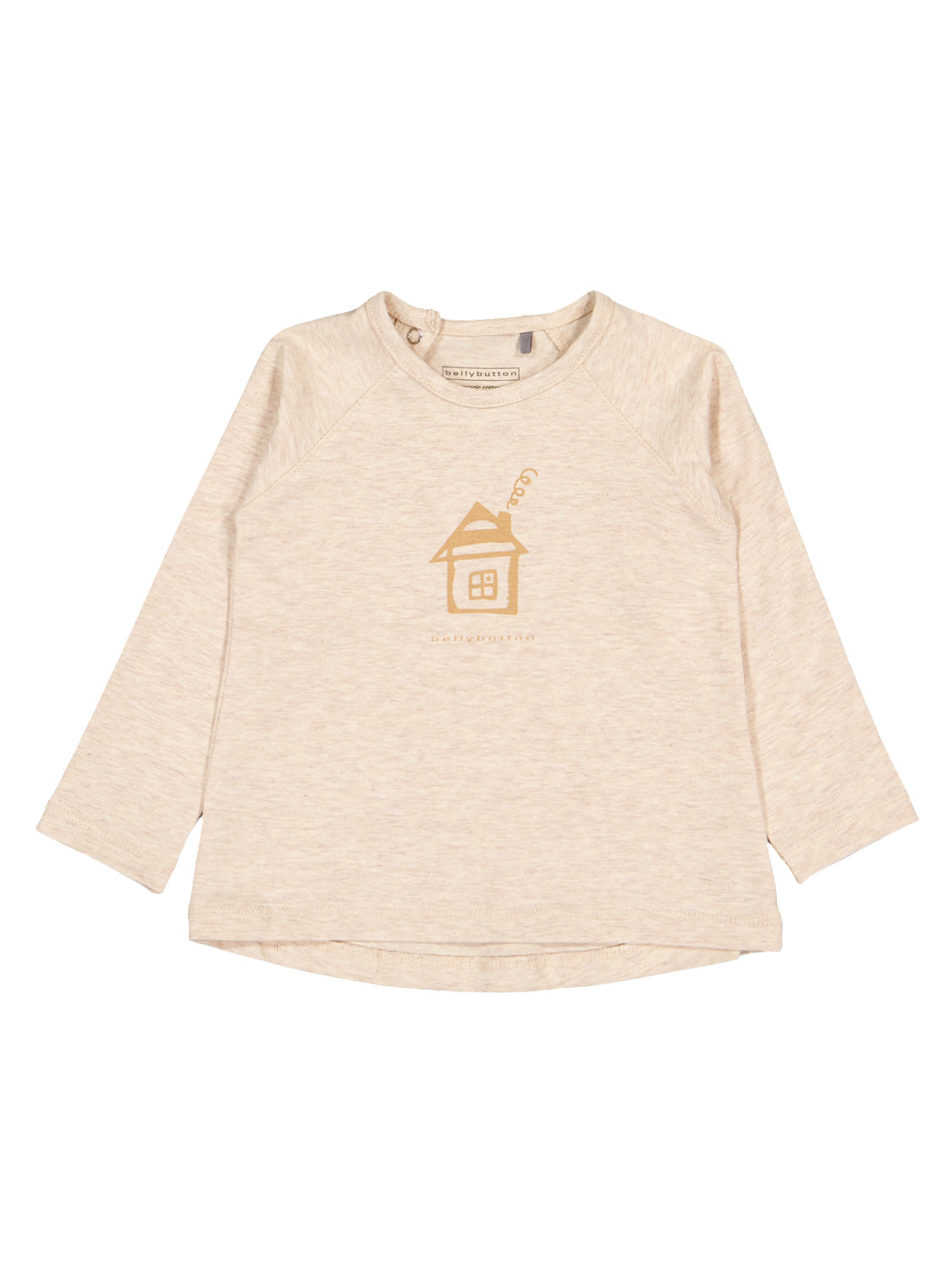 Langarmshirt Beige für Kinder mit Rundhalsausschnitt. Frontdruck: simples Hausmotiv mit Schornsteinrauch und bellybutton-Schriftzug. Ideal für stilvolle Babymode.