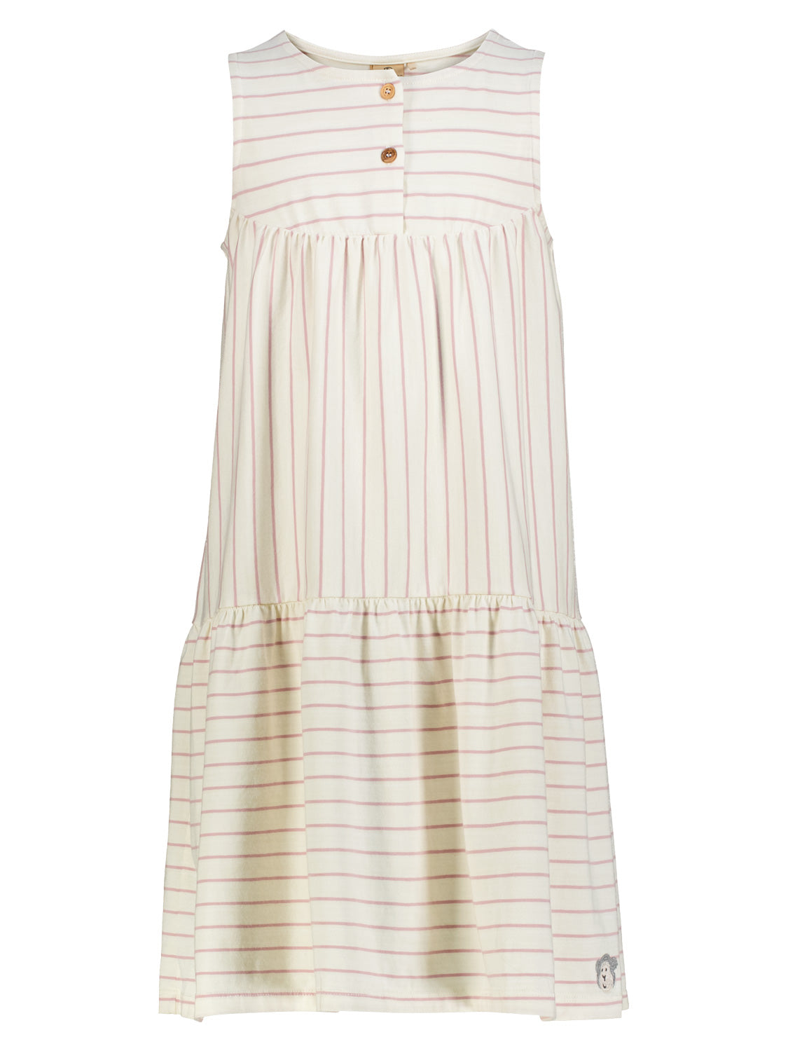 Kleid Cremeweiß: Ärmelloses, gestuftes Kleid mit feinen rosa Streifen, Rundhalsausschnitt, Knopfleiste und gesticktem Igelmotiv am Saum, ideal für bequemen, stilvollen Mama-und-Kind-Look.