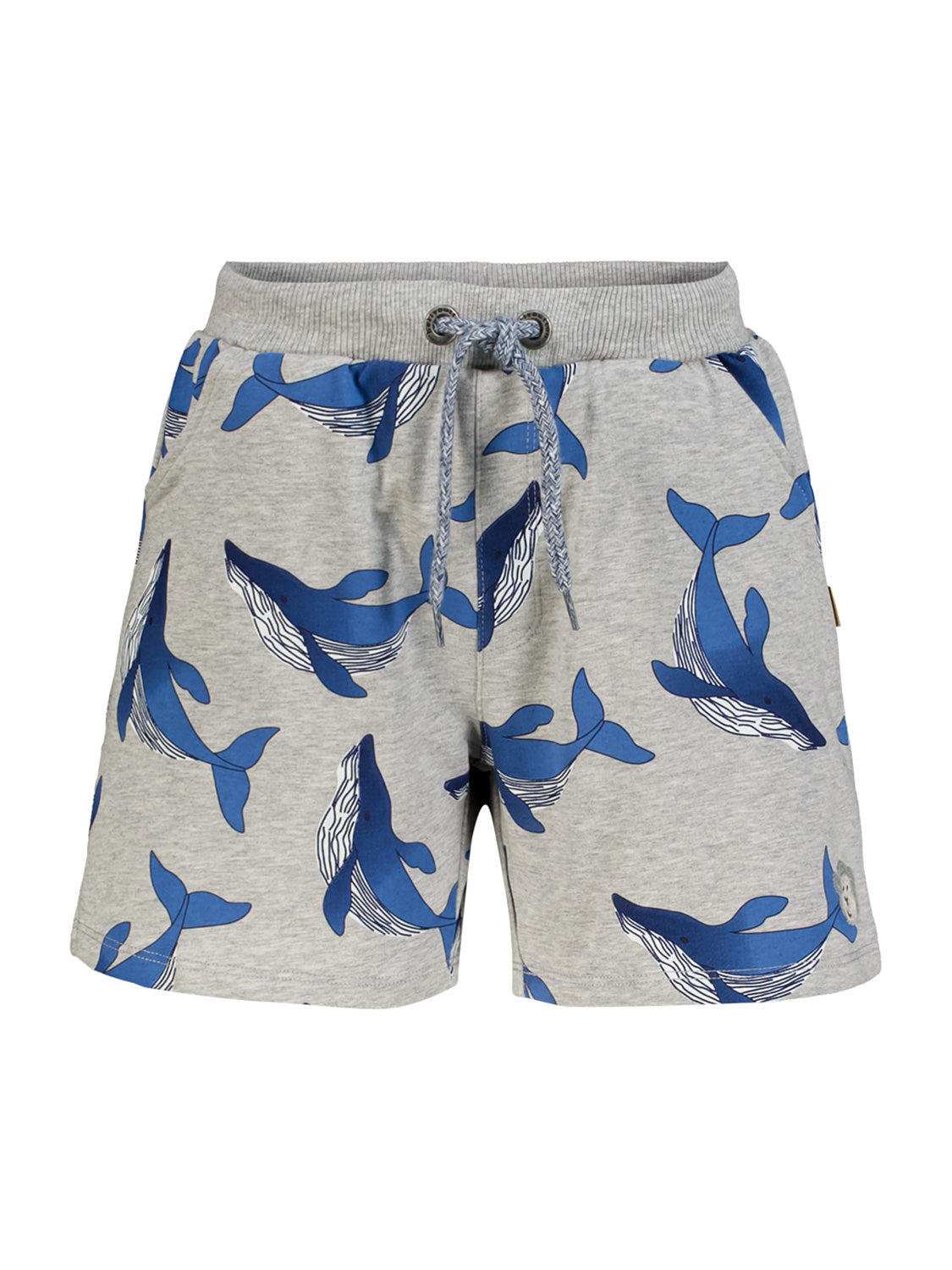 Sweatshorts Grau: Hellgraue Strickshorts mit stilisiertem Walprint, elastischem Bund, Kordelzug und Seitentaschen, ideal für bequeme Kinder- und Umstandsmode bei bellybutton.