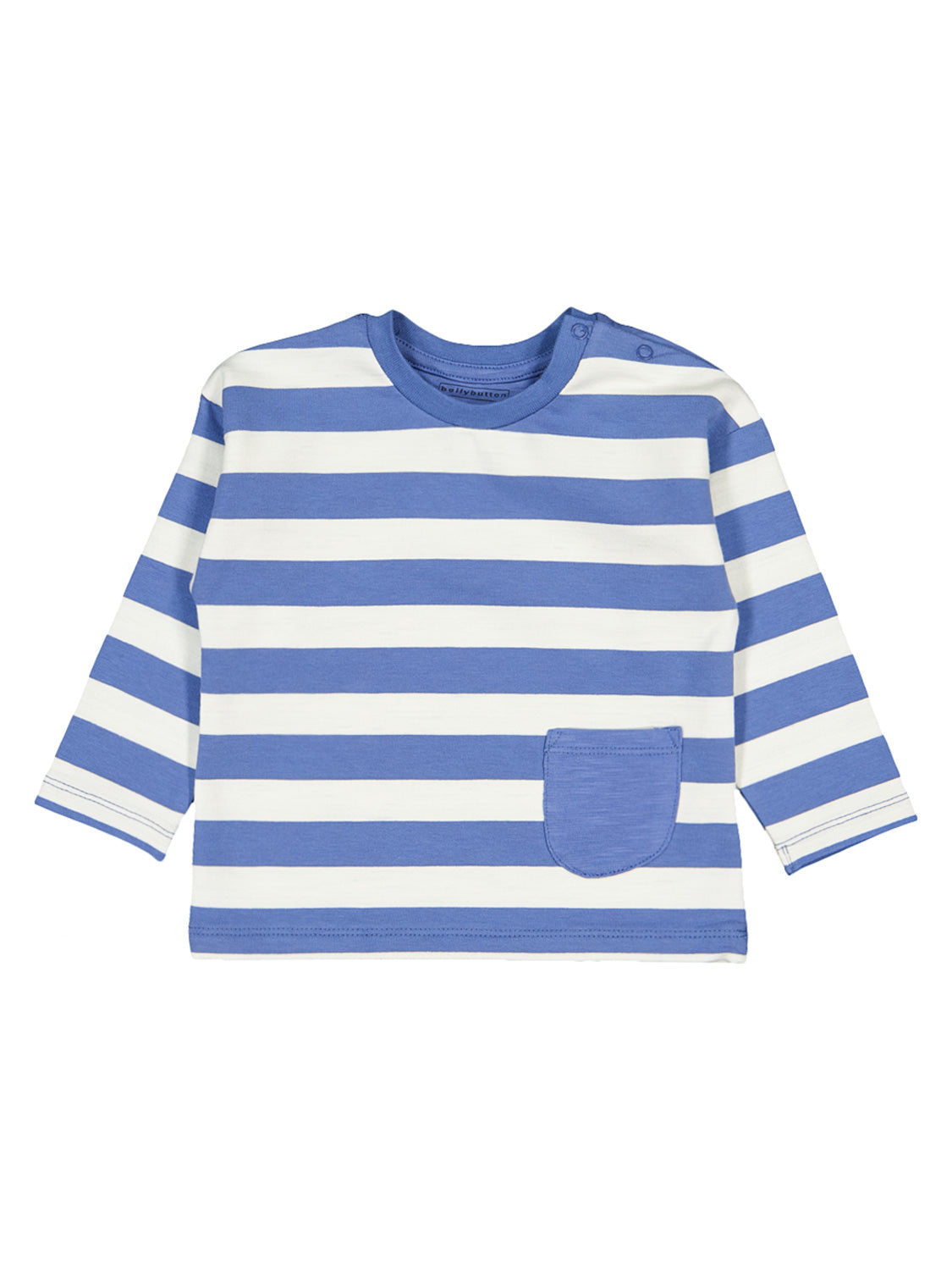 Langarmiges Sweatshirt Blau für Kleinkinder, mit weißen und himmelblauen Streifen, Brusttasche und Schulterknöpfen, ideal für stilvolle Babymode von bellybutton.