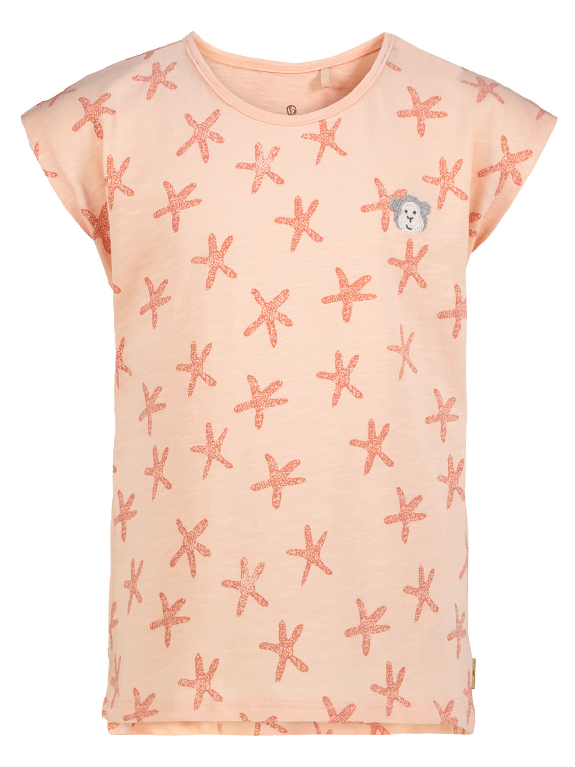 T-Shirt Apricot: Kurzarm-Kinder-T-Shirt in hellem Pfirsich mit korallenorangenen Seesternmotiven und einem gestickten Tierkopf auf der Brust. Ideal für lässige Kindermode.