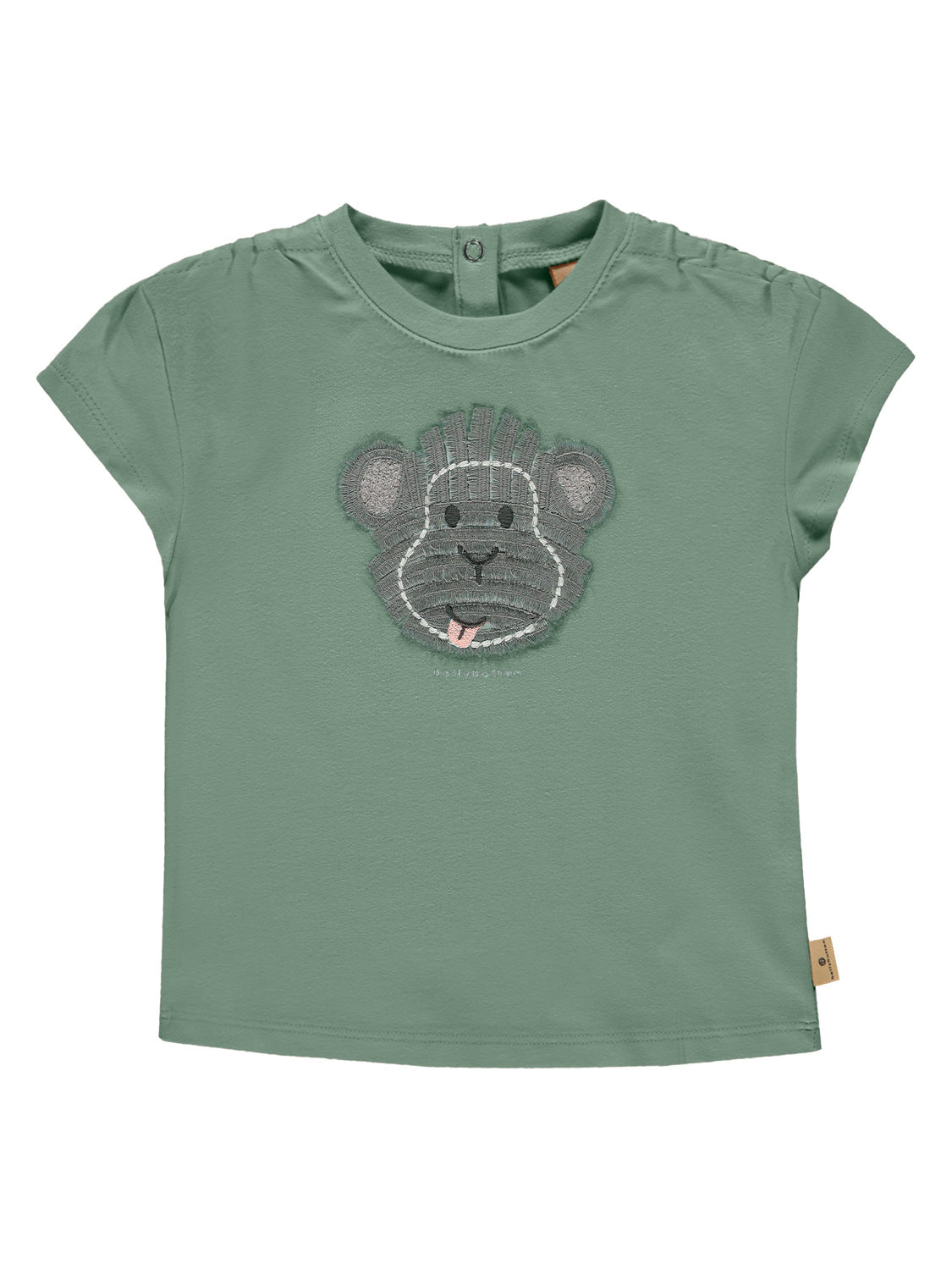 T-Shirt Olivgrün für Kinder mit appliziertem Cartoon-Gesicht und Druckknopfverschluss hinten, ideal für bequeme und verspielte Outfits von bellybutton.