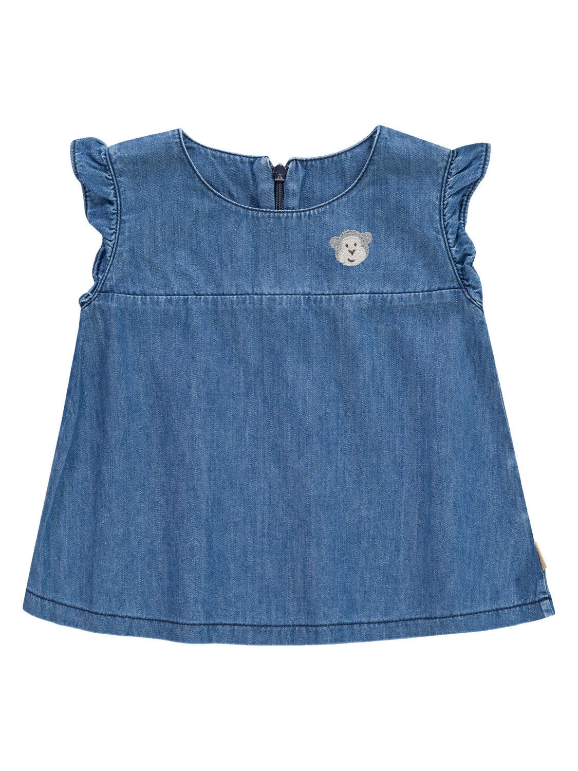 Kleid Blau: Ärmelloses Jeans-Top mit kleinen Rüschenärmeln, rundem Ausschnitt, Rückenzipper und gesticktem Bärengesicht auf der Brust, ideal für Kleinkinder.