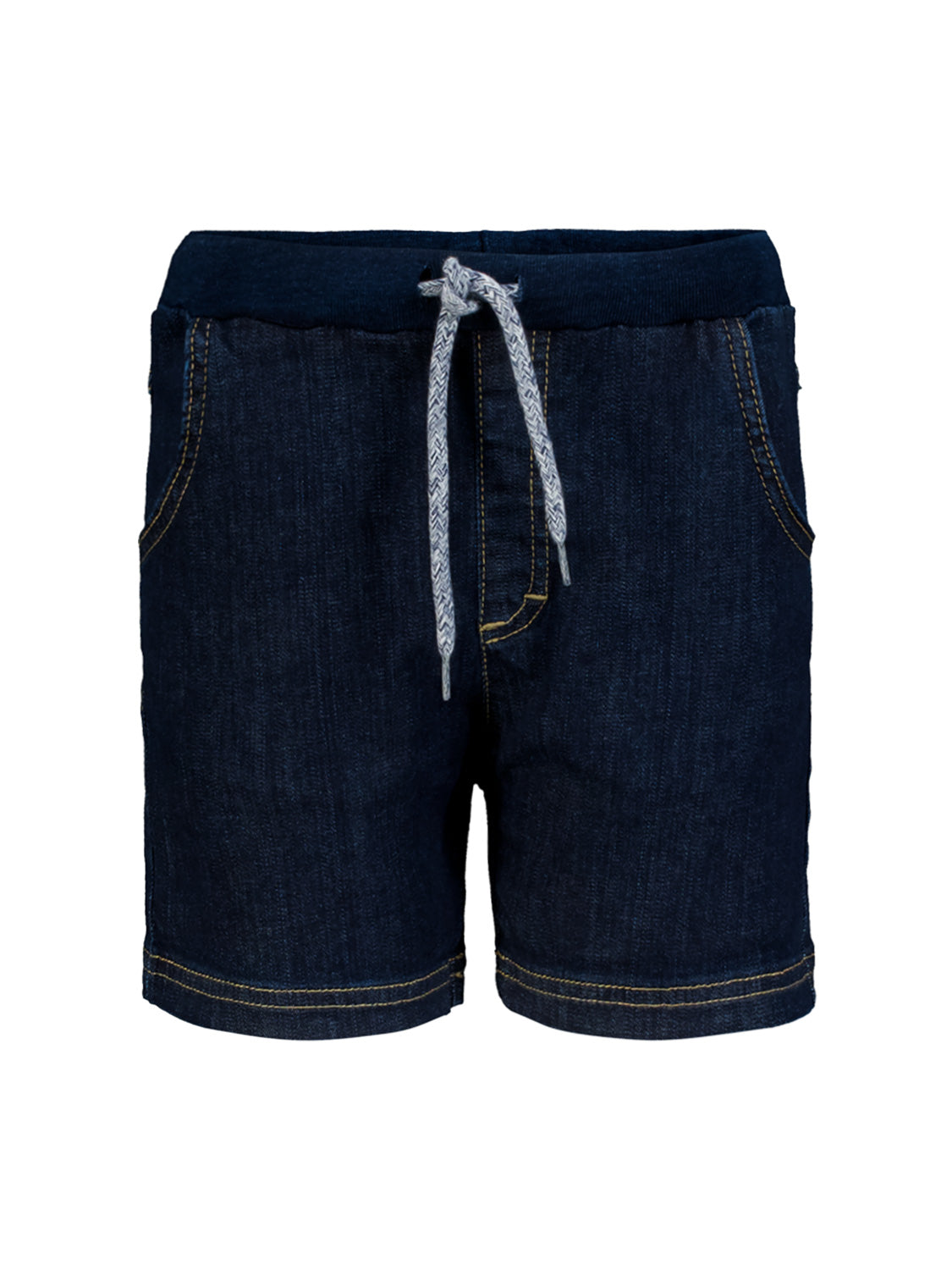 Shorts Marineblau: Dunkelblaue Jeansshorts mit elastischem Bund, grauweißem Kordelzug, zwei Fronttaschen und kontrastierenden Nähten an Taschen und Saum. Perfekt für stilvolle Kindermode.
