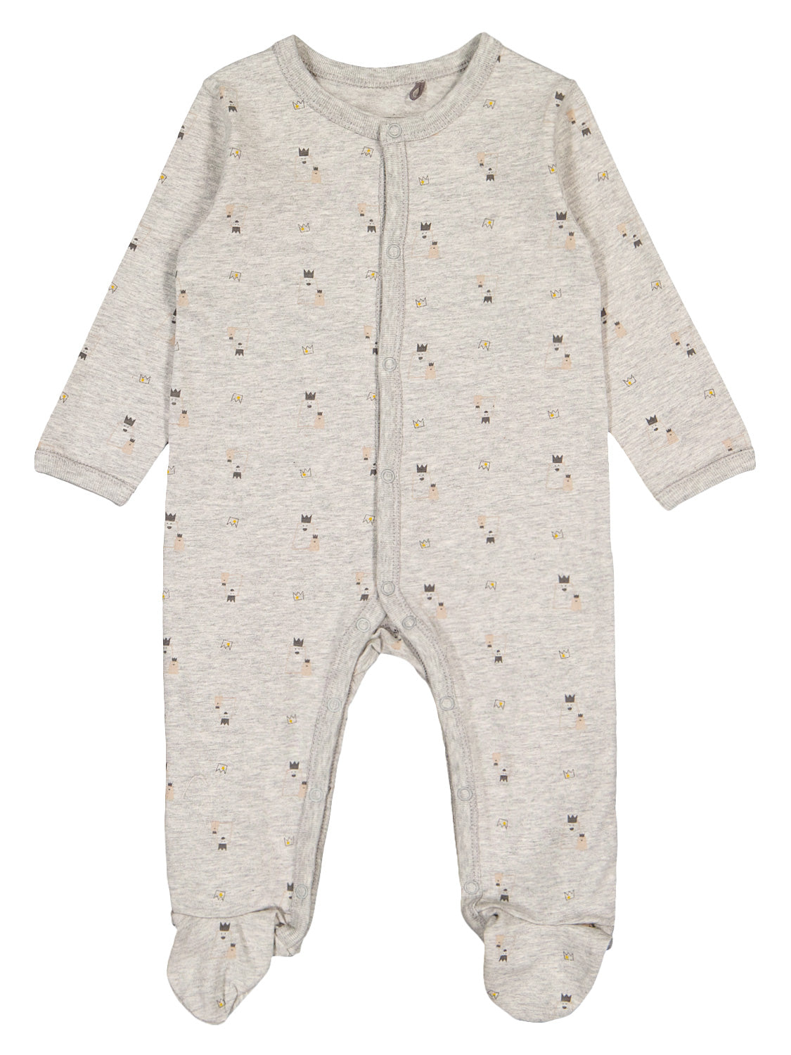 Strampler Grau: Einteiliger Baby-Overall mit langen Ärmeln, grauem Strickstoff, Druckknöpfen vorn und kleinen Kronen- sowie Bärchenmotiven. Perfekt für komfortable Babymode von bellybutton.
