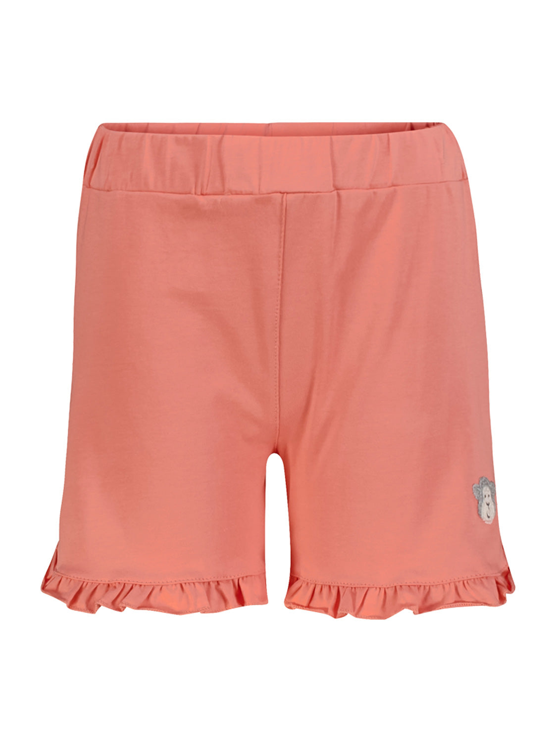Kinder Sweatshorts Koralle mit elastischem Bund, Rüschen an den Beinöffnungen und kleiner Stickerei auf einer Seite. Ideal für komfortable, stilvolle Kinderkleidung bei bellybutton.
