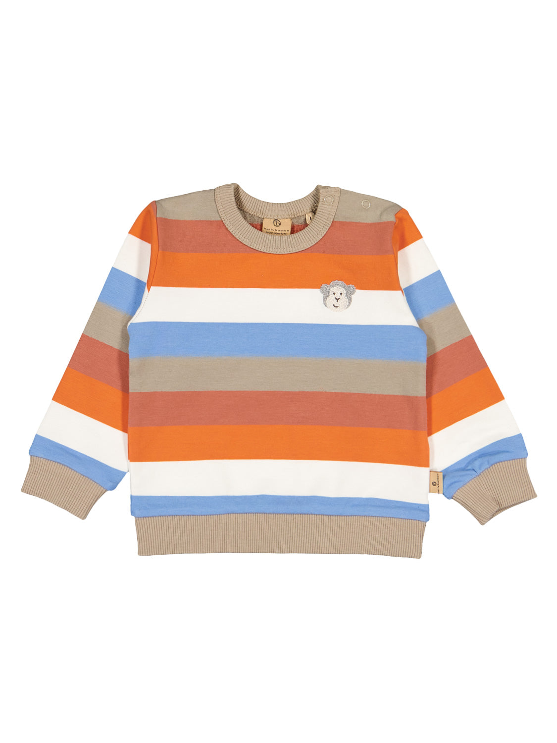 Sweatshirt Mehrfarbig: Langarm-Pullover mit breiten Streifen, Druckknöpfen an der Schulter und gesticktem Tiergesicht auf der Brust. Perfekt für modische Kinder von bellybutton.