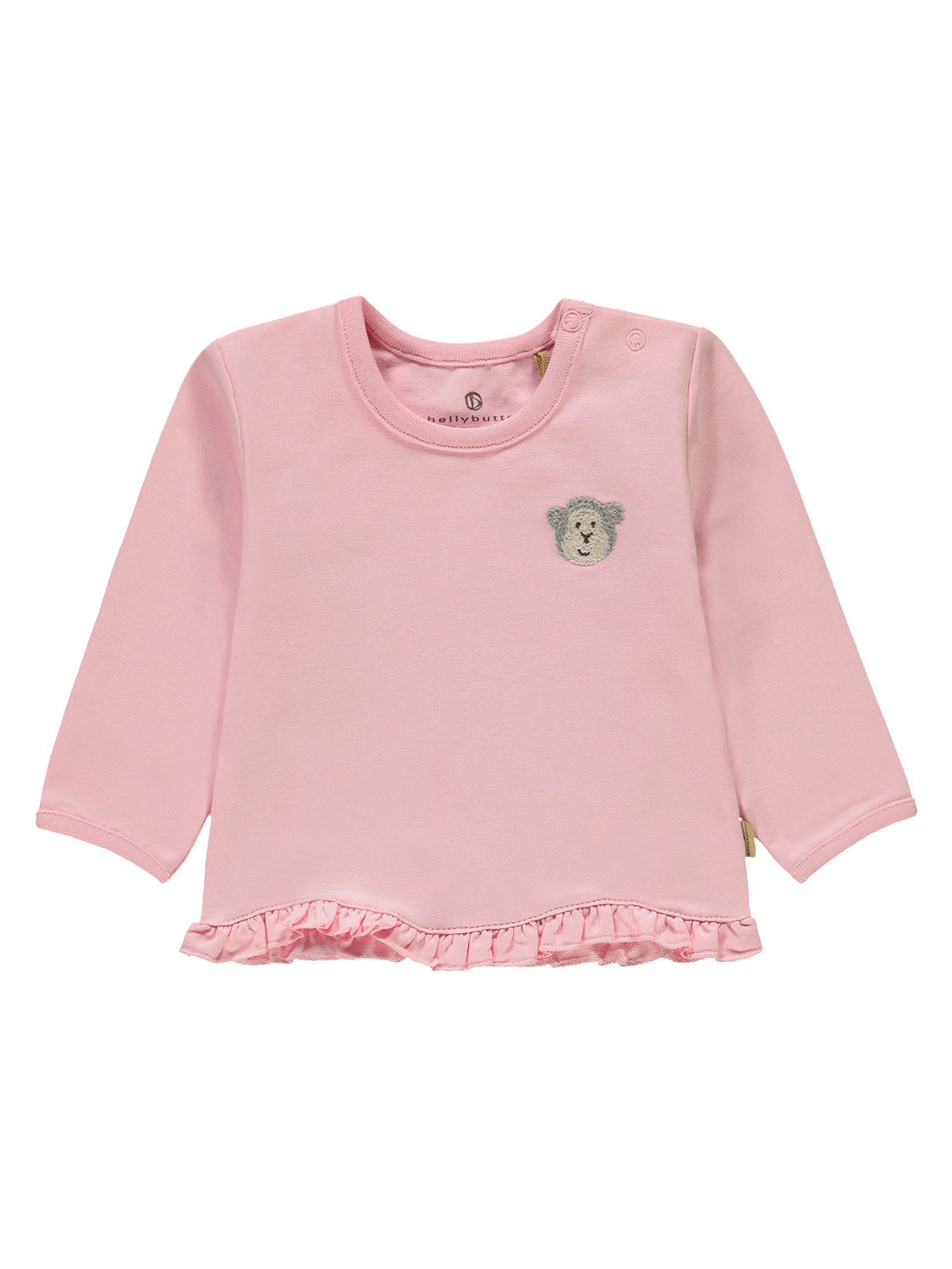 Longsleeve Rosa: Hellrosa Baby-Oberteil mit langen Ärmeln, Rüschenabschluss, gesticktem Teddybär-Gesicht auf der Brust und Druckknopfverschluss an einer Schulter für leichtes Anziehen.