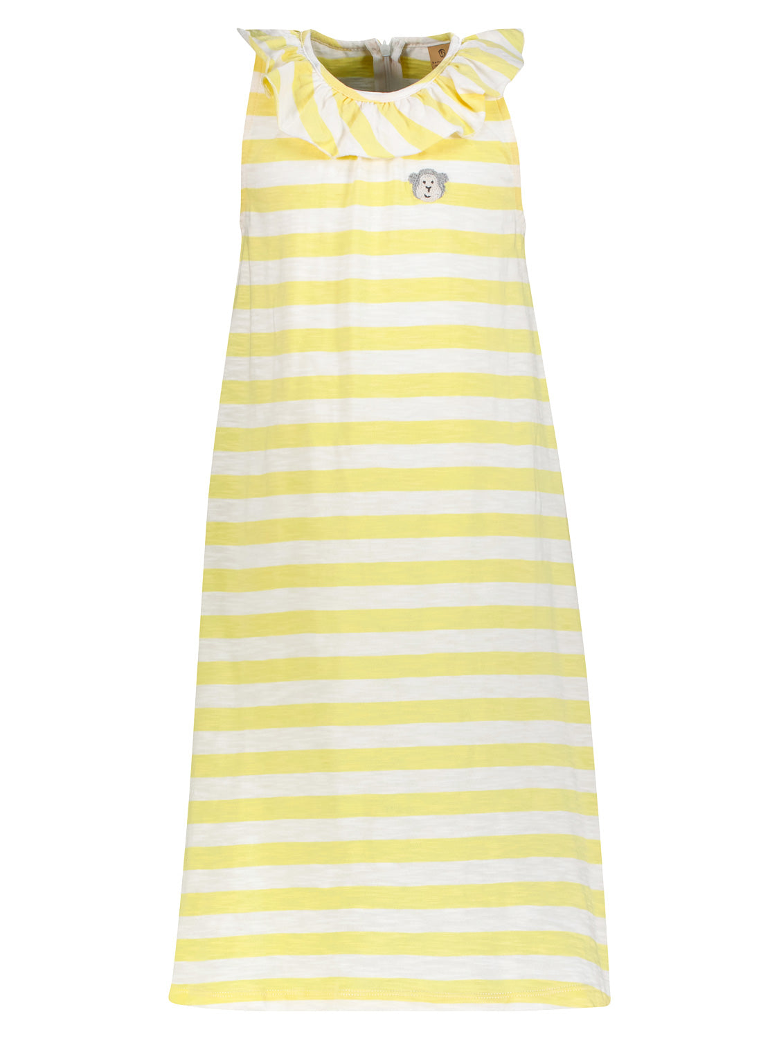 Ärmelloses Kinderkleid Kleid Neon aus gestreiftem Strickstoff mit Rüschenkragen, Rückenzipper und kleinem Affen-Gesicht-Stick auf der Brust, ideal für komfortable Kindermode.