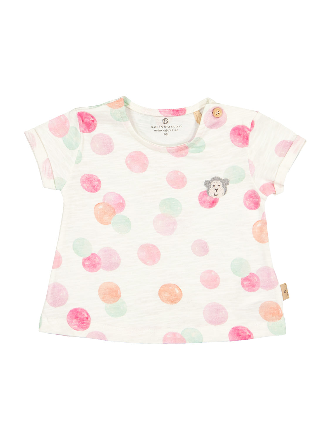 Baby/Toddler T-Shirt Rosa mit kurzen Ärmeln, off-white mit pastellfarbenen Punkten, besticktem Tiergesicht auf der Brust und Holzknopf an der Schulter, von bellybutton.