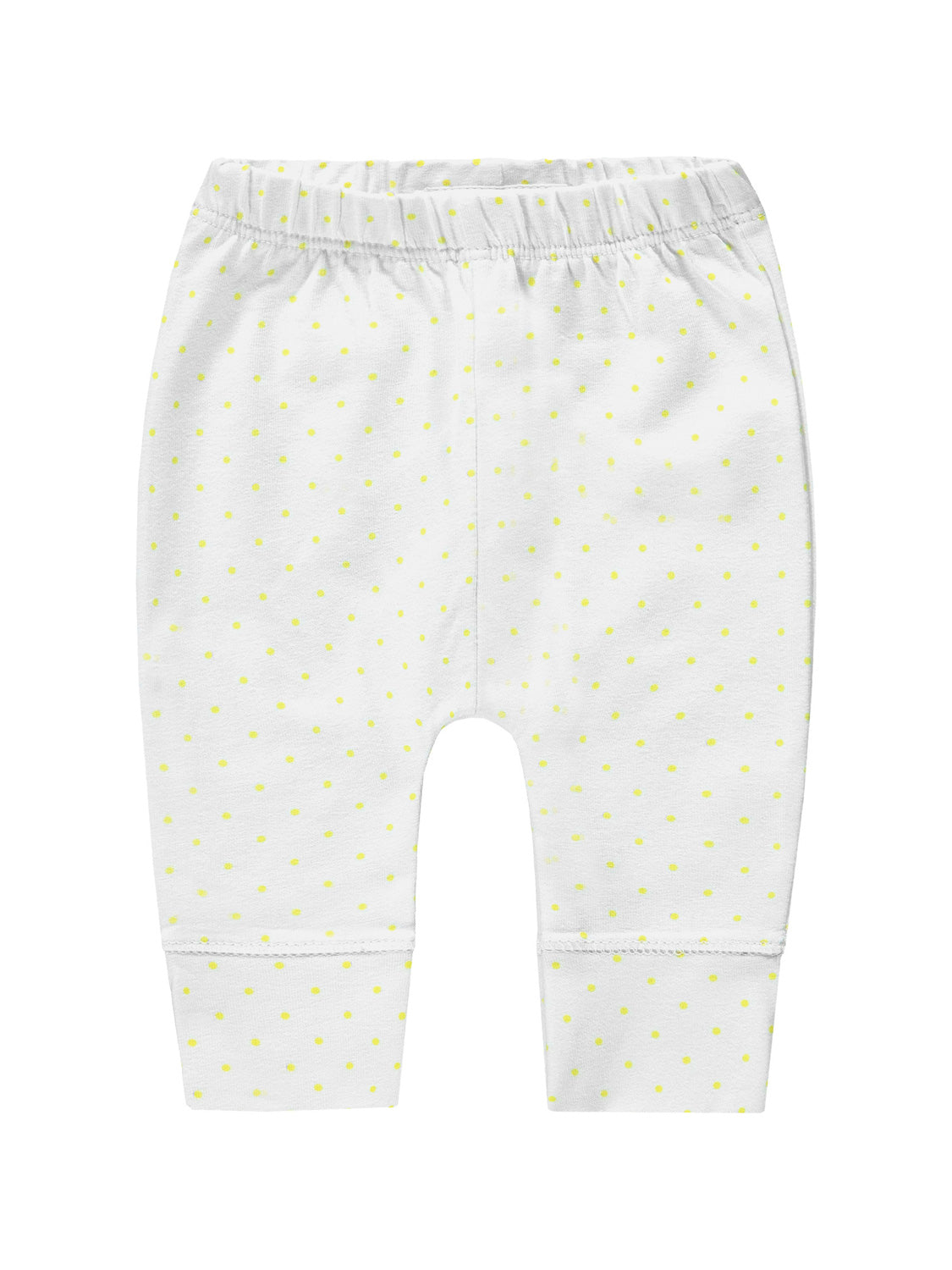 Leggings Weiß: Kleine weiße Baby-Leggings mit gelbem Punktmuster, elastischem Bund und umgeschlagenem Beinabschluss, ideal für komfortable Babymode von 'bellybutton'.