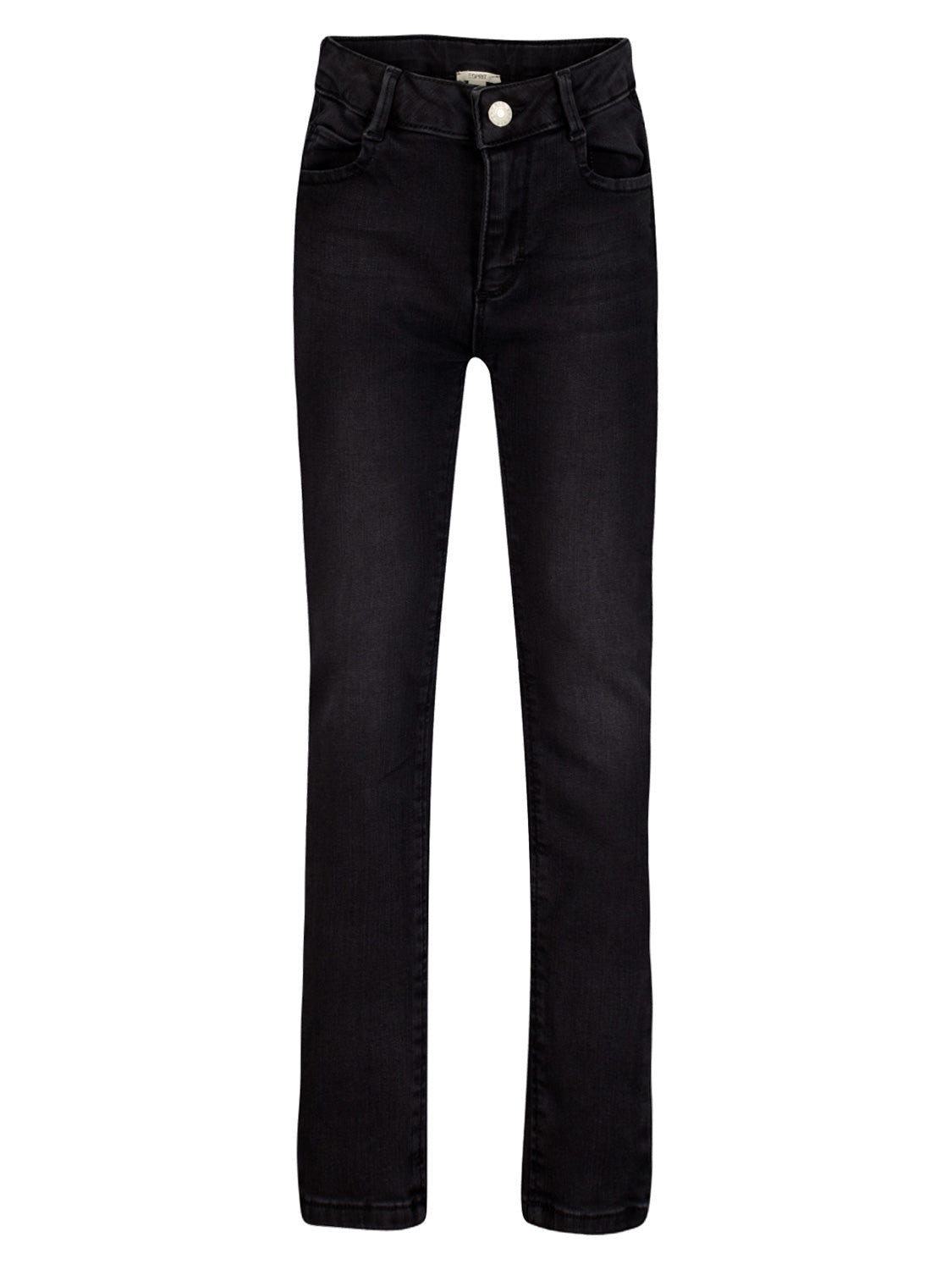 Jeans Schwarz von Esprit, schmal geschnitten mit dezenten Wash-Out Effekten, fünf Taschen, Gürtelschlaufen und leicht verjüngtem Bein, auf weißem Hintergrund ausgelegt.
