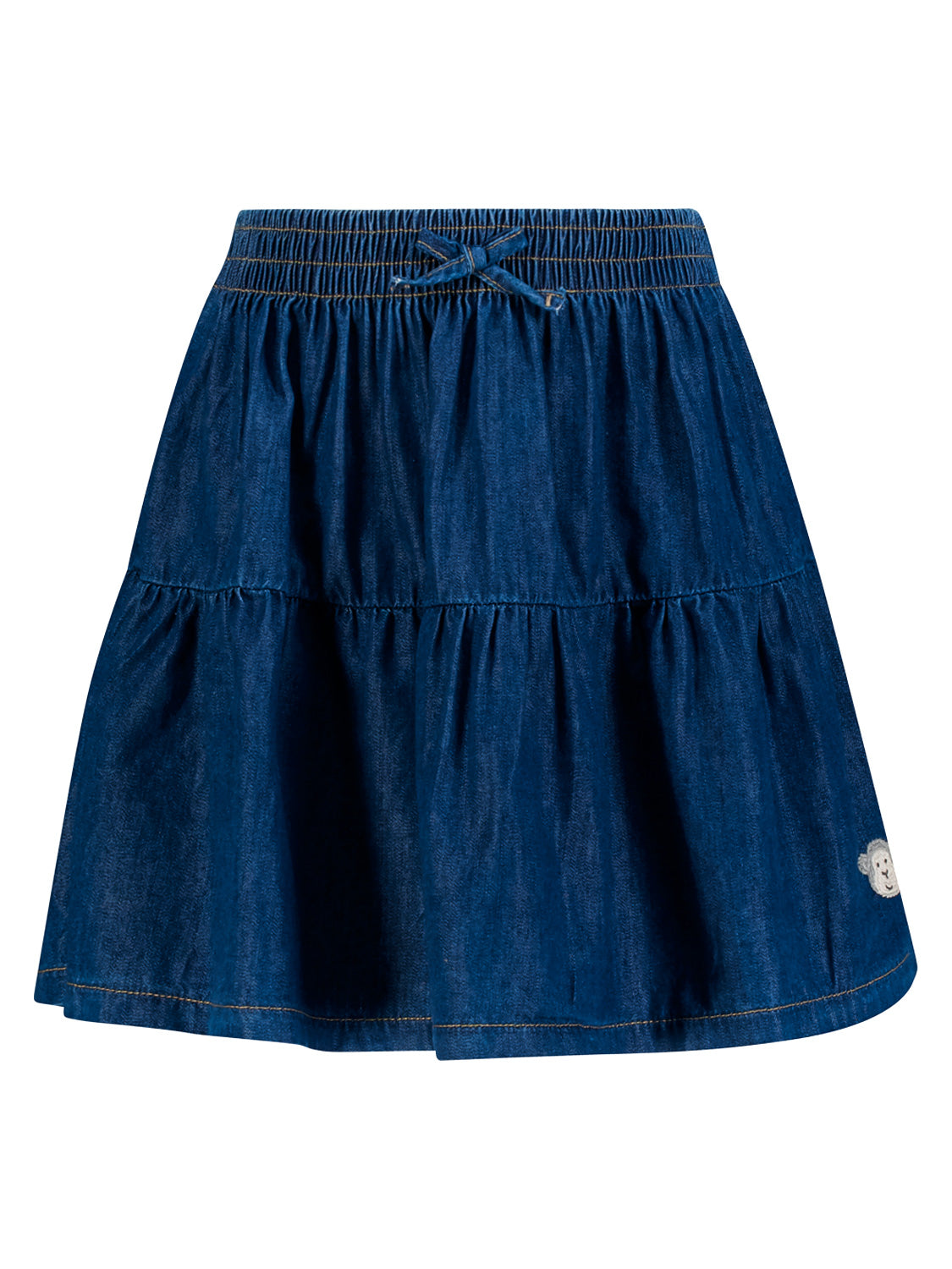 Rock Blau: Dunkelblaue, gestufte A-Linien-Denimrock mit elastischem Bund, kleiner Stoffschleife und gesticktem Affengesicht, ideal für Kinder.