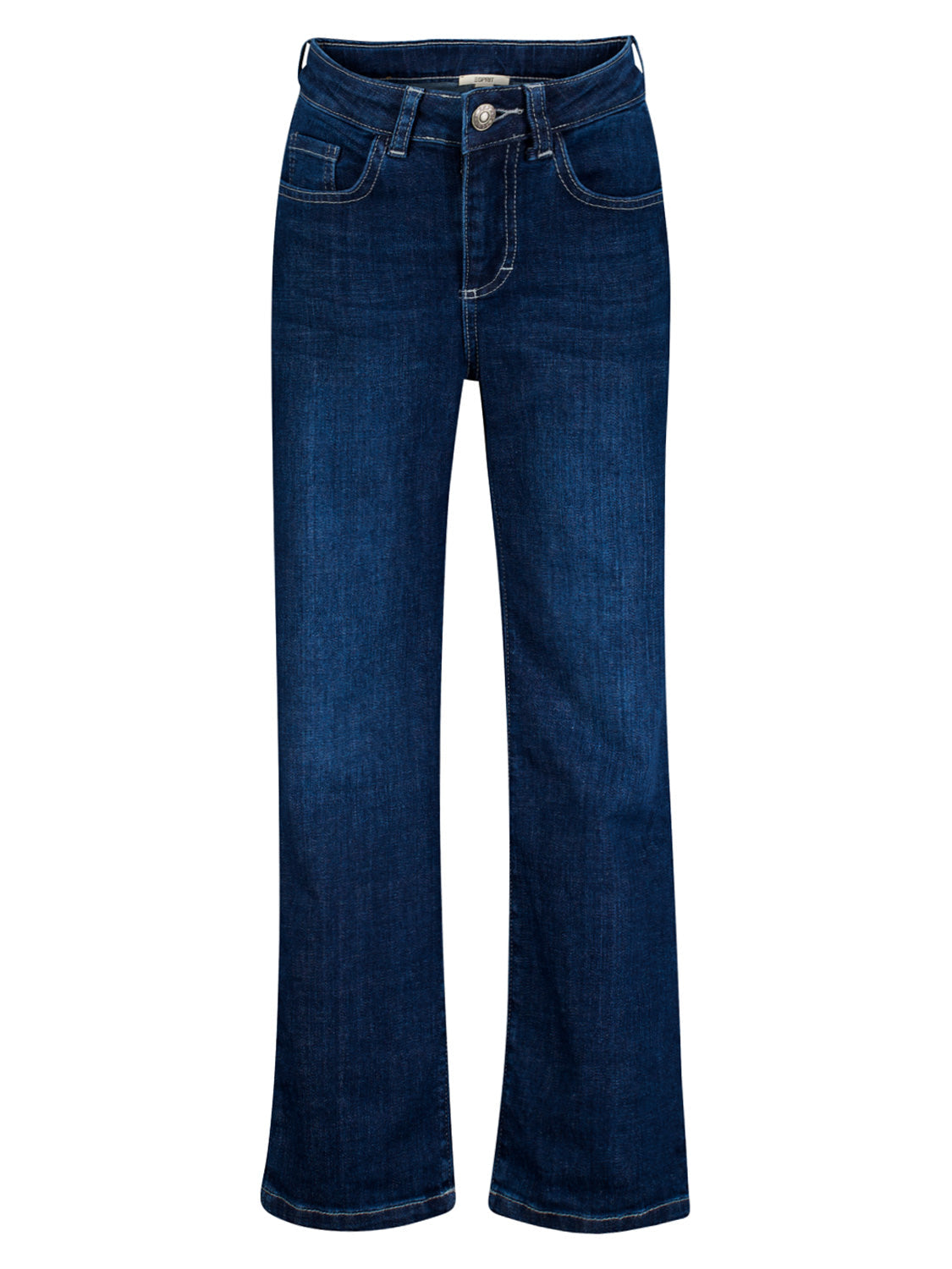 Jeans Marineblau: Dunkelblaue Bootcut-Jeans von Esprit, lässig geschnitten mit leichtem Wash-Out, fünf Taschen, Gürtelschlaufen, Knopf-und-Reißverschluss, leicht ausgestelltem Beinabschluss.