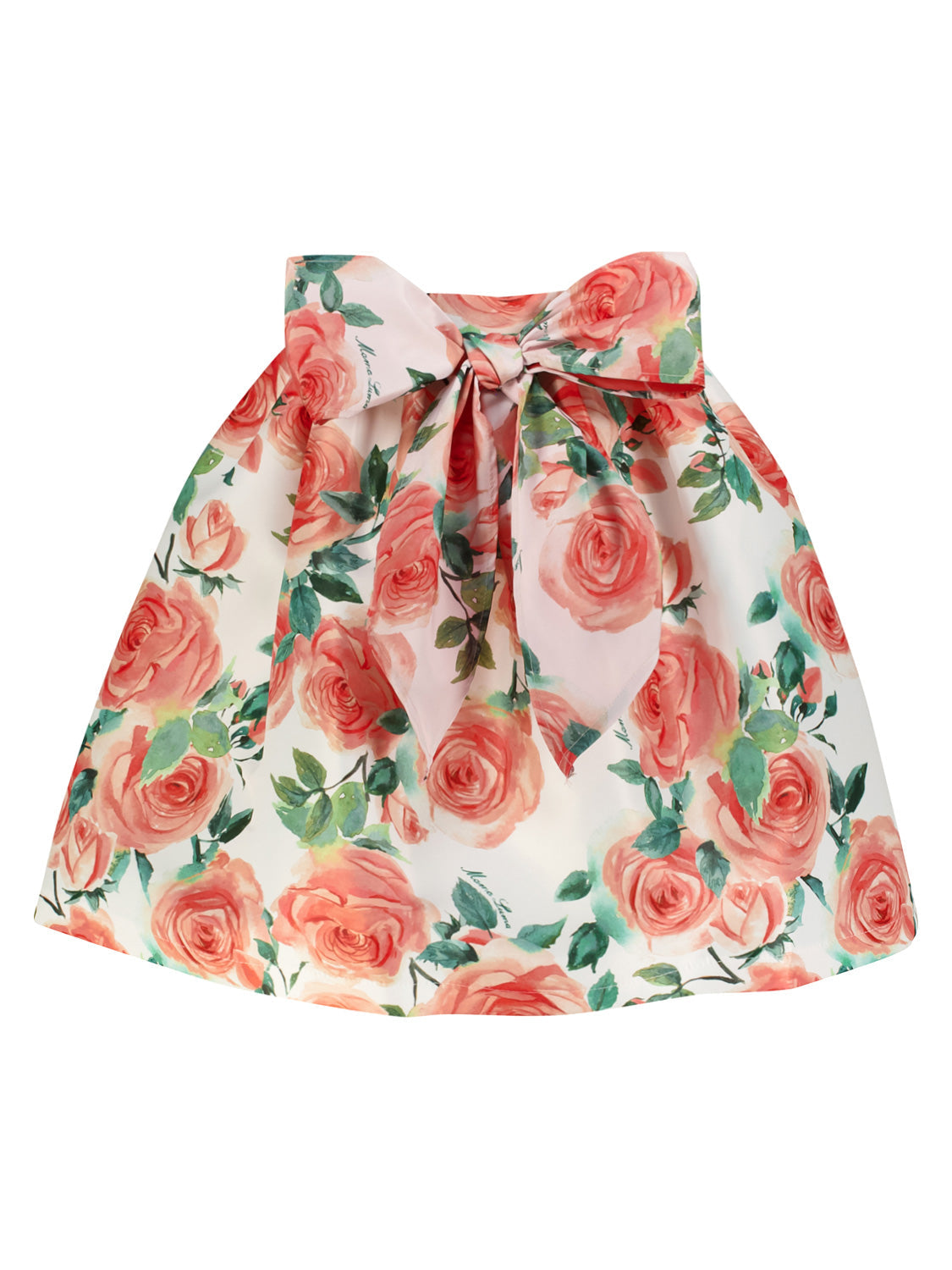 Rock Koralle aus weißem Stoff mit großen, aquarellartigen Rosen und grünem Laub, verziert mit einer großen Schleife, von Mama Luma.