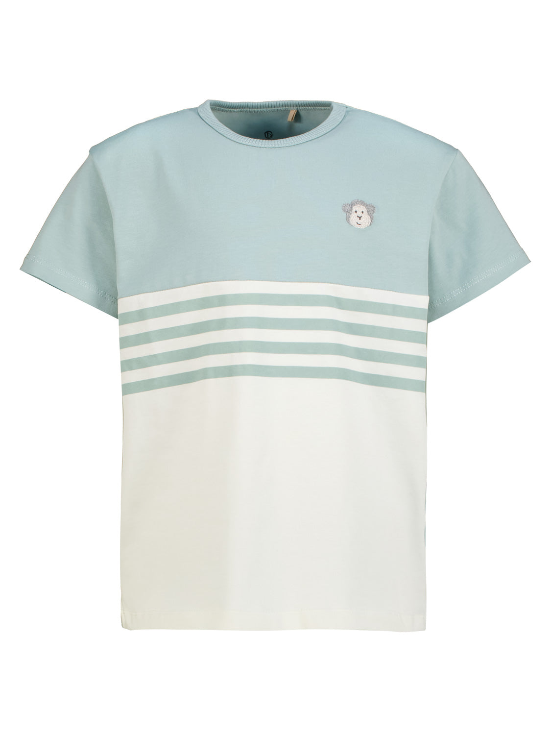 T-Shirt Türkis: Kurzarm-Shirt mit Rundhals, oben mintfarben, unten cremeweiß, mit horizontalen Streifen und kleinem, gesticktem Tiergesicht links auf der Brust. Perfekt für kindliche Mode.