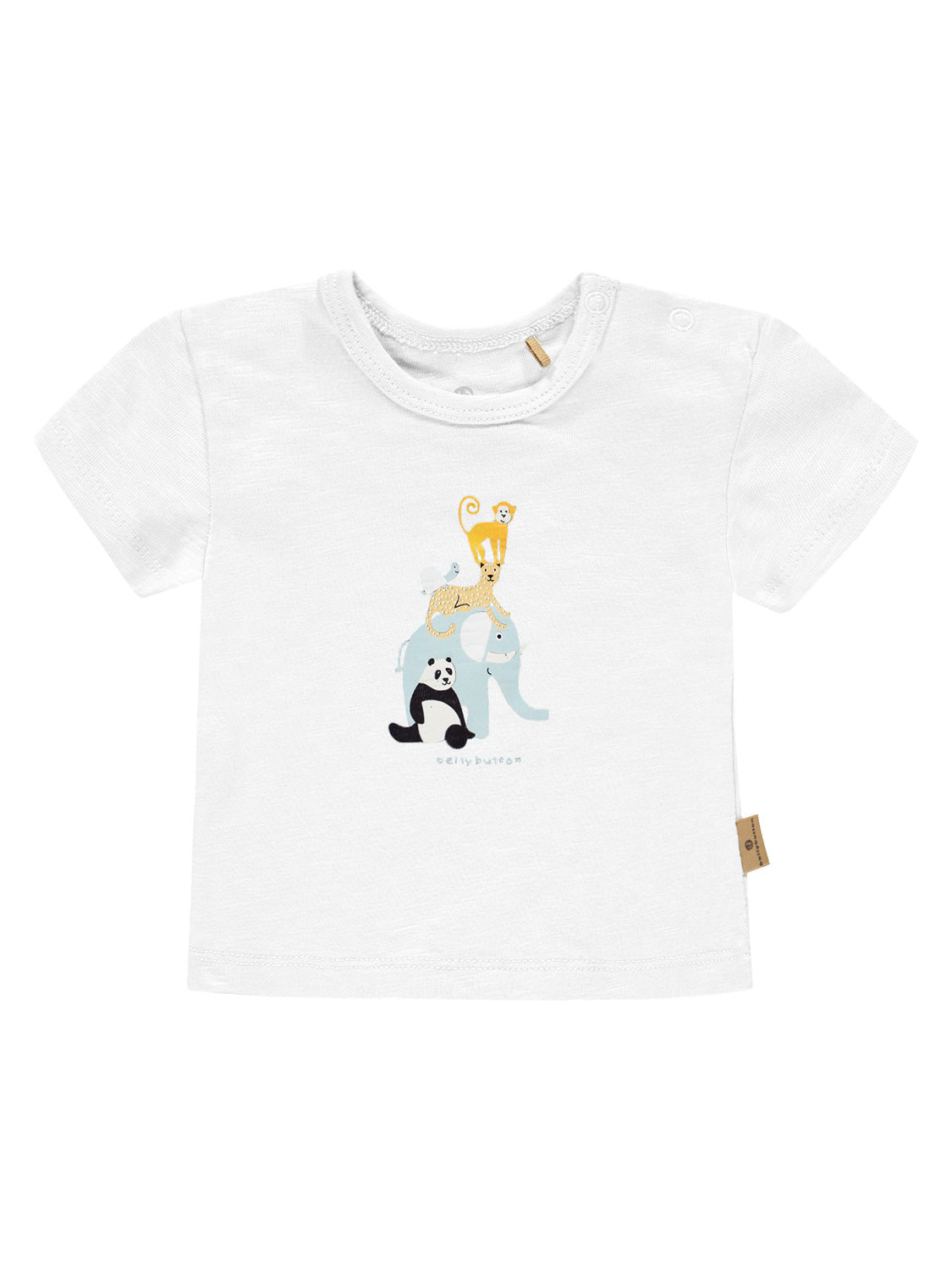 T-Shirt Weiß mit gestapeltem Tiermotiv: Elefant, Panda, Gepard, Affe und Vogel. Perfekt für Babymode von bellybutton, mit seitlichem Markentag.