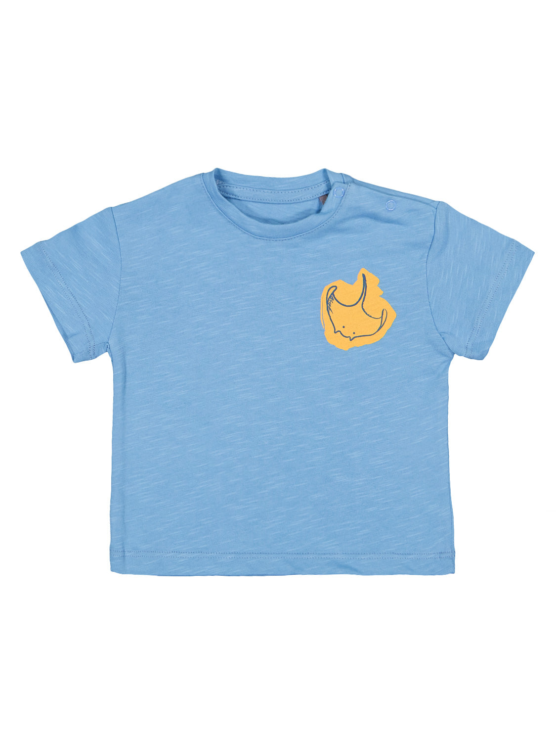 T-Shirt Underwater World Blau: Hellblaues Kinder-T-Shirt mit kurzen Ärmeln, gelbem, stilisiertem Nashornkopf auf der linken Brust. Perfekt für modische Kindermode von bellybutton.