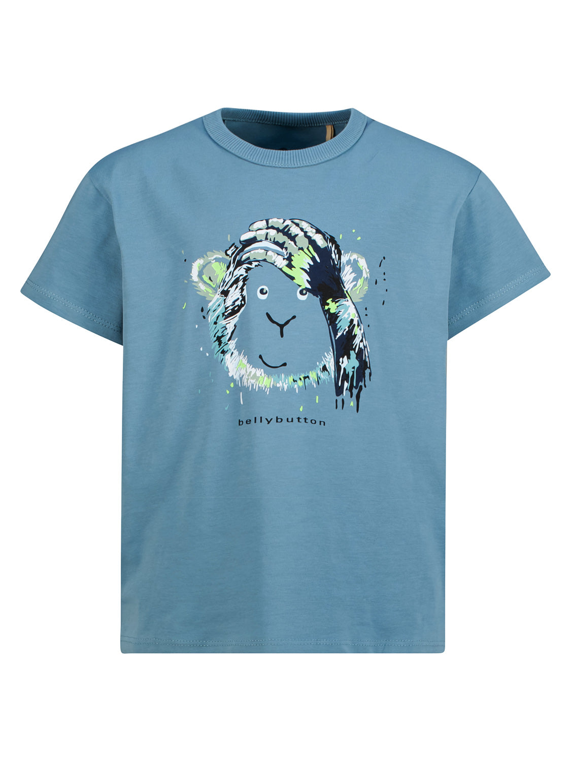 Kurzärmeliges T-Shirt Blau mit verspieltem Schafsgesicht im Farbspritz-Stil und bellybutton-Aufschrift, ideal für modische Kinder- und Umstandsmode.