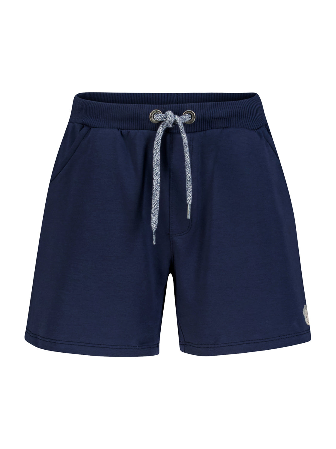 Sweatshorts Marineblau mit geripptem elastischem Bund und geflochtenem Kordelzug, seitlichen Taschen und geradem Schnitt oberhalb des Knies, ideal für einen lässigen Look.