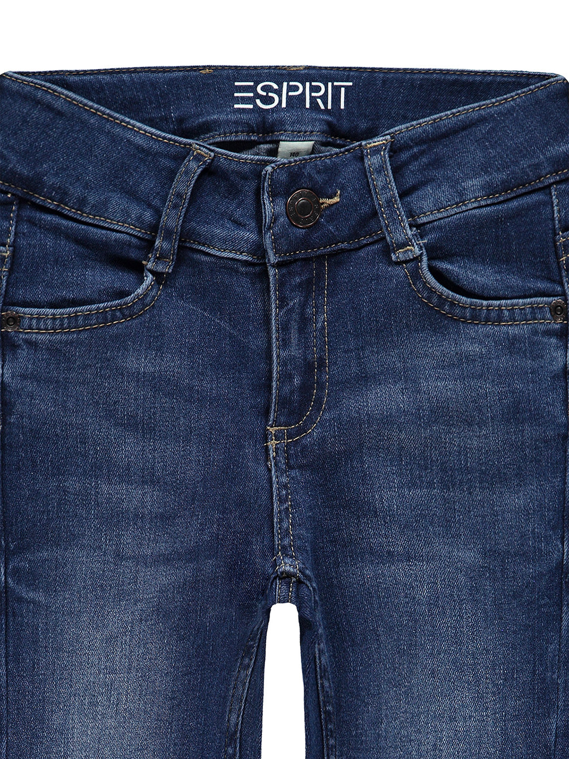 Jeans Blau mit Esprit-Branding am inneren Bund, verstellbarem Bund, Gürtelschlaufen, Knopf, Reißverschluss und Fronttaschen, ideal für bequeme Kindermode.