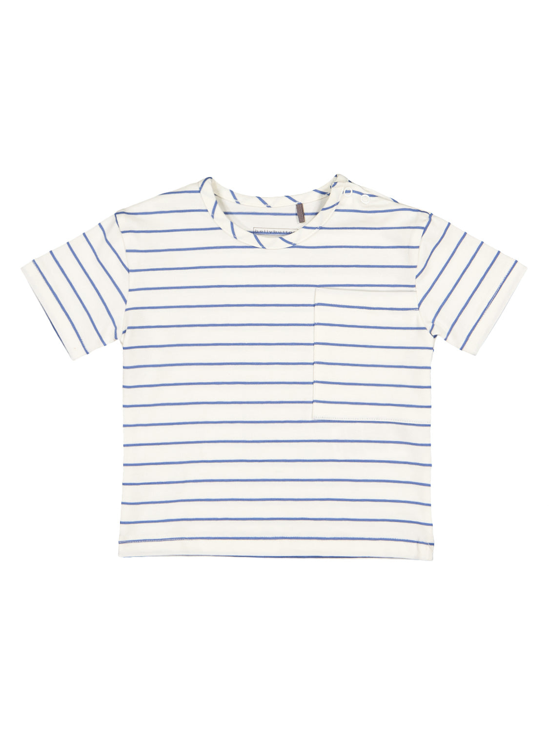 T-Shirt Weiß für Kinder mit kurzen Ärmeln, blau-weiß gestreift, kleiner Brusttasche und zwei Druckknöpfen an der Schulter, ideal für Babys und Kleinkinder.