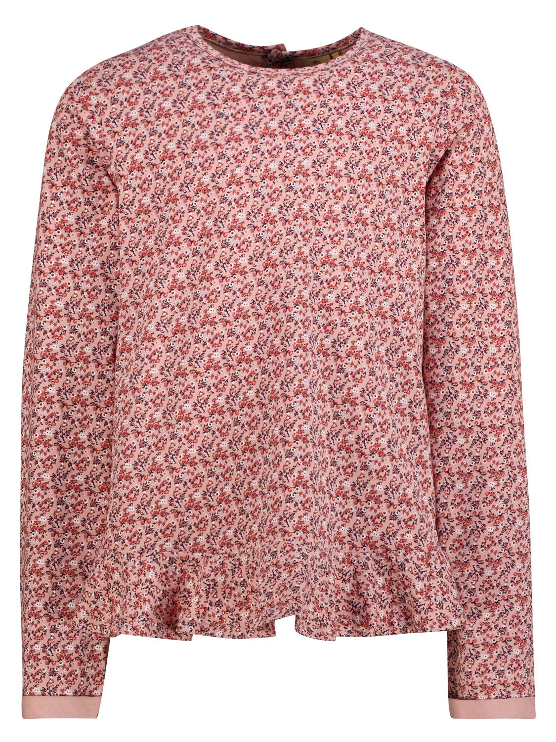 Damenbluse Sweatshirt Koralle mit langen Ärmeln, rundem Ausschnitt und leichtem Rüschen-Saum, gefertigt aus leichtem Stoff mit feinem Blumenmuster.