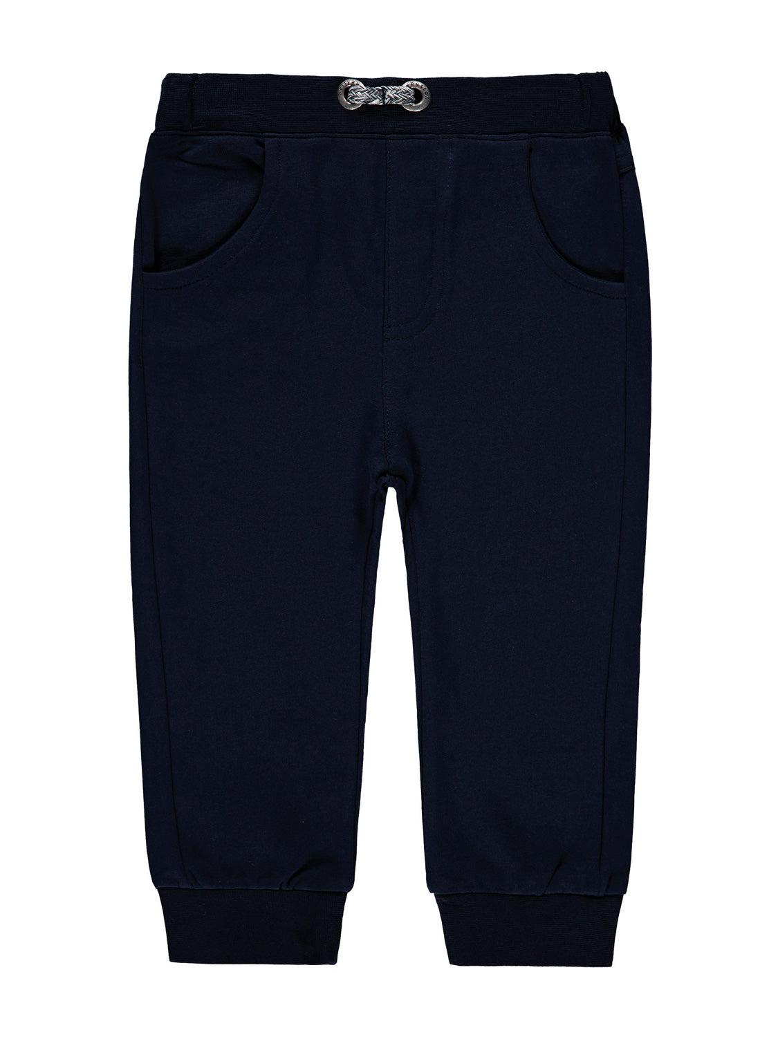 Jogginghose Marineblau mit elastischem Bund, geflochtenem Kordelzug, zwei Fronttaschen und gerippten Knöchelbündchen. Ideal für bequeme Alltagskleidung oder sportliche Aktivitäten.