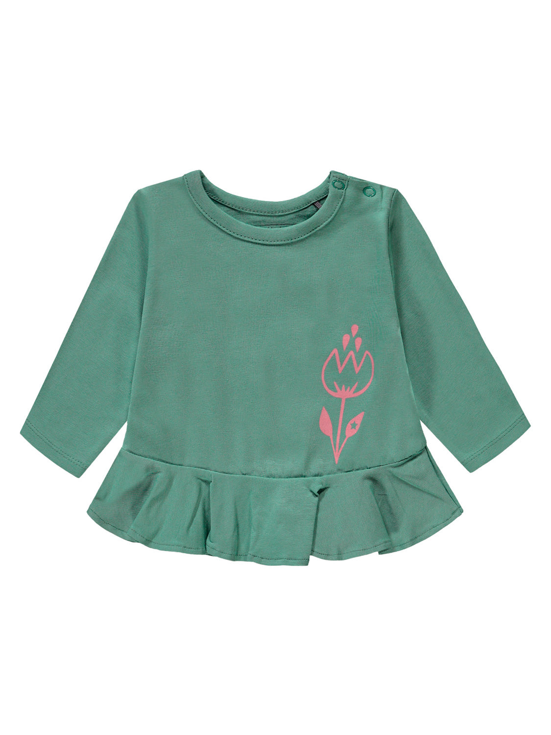 Longsleeve Hello Sunshine Grün: Kinderoberteil mit rundem Ausschnitt und Druckknöpfen, gerüschtem Saum und pinker Blumen-Grafik. Ideal für bequeme und stilvolle Babymode von bellybutton.