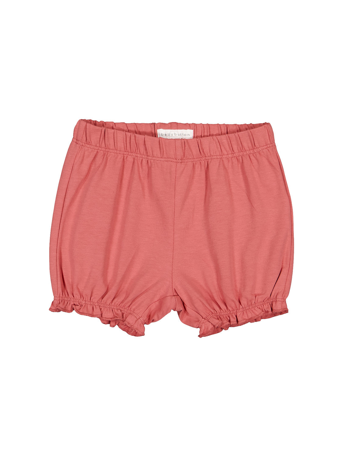 Shorts Lot of Shells Koralle: Korallrosa Baby-Bloomers aus Baumwolle mit elastischem Bund und gerafften Beinabschlüssen. Textiletikett „bellybutton“ auf der Rückseite sichtbar.