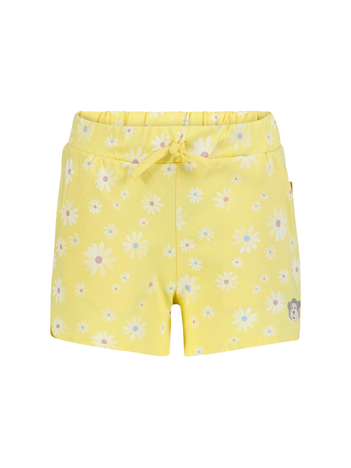 Gelbe Sweatshorts für Kinder mit weißem Gänseblümchenmuster und elastischem Bund mit Schleife. Teddy-Gesicht Stickerei in der Ecke.