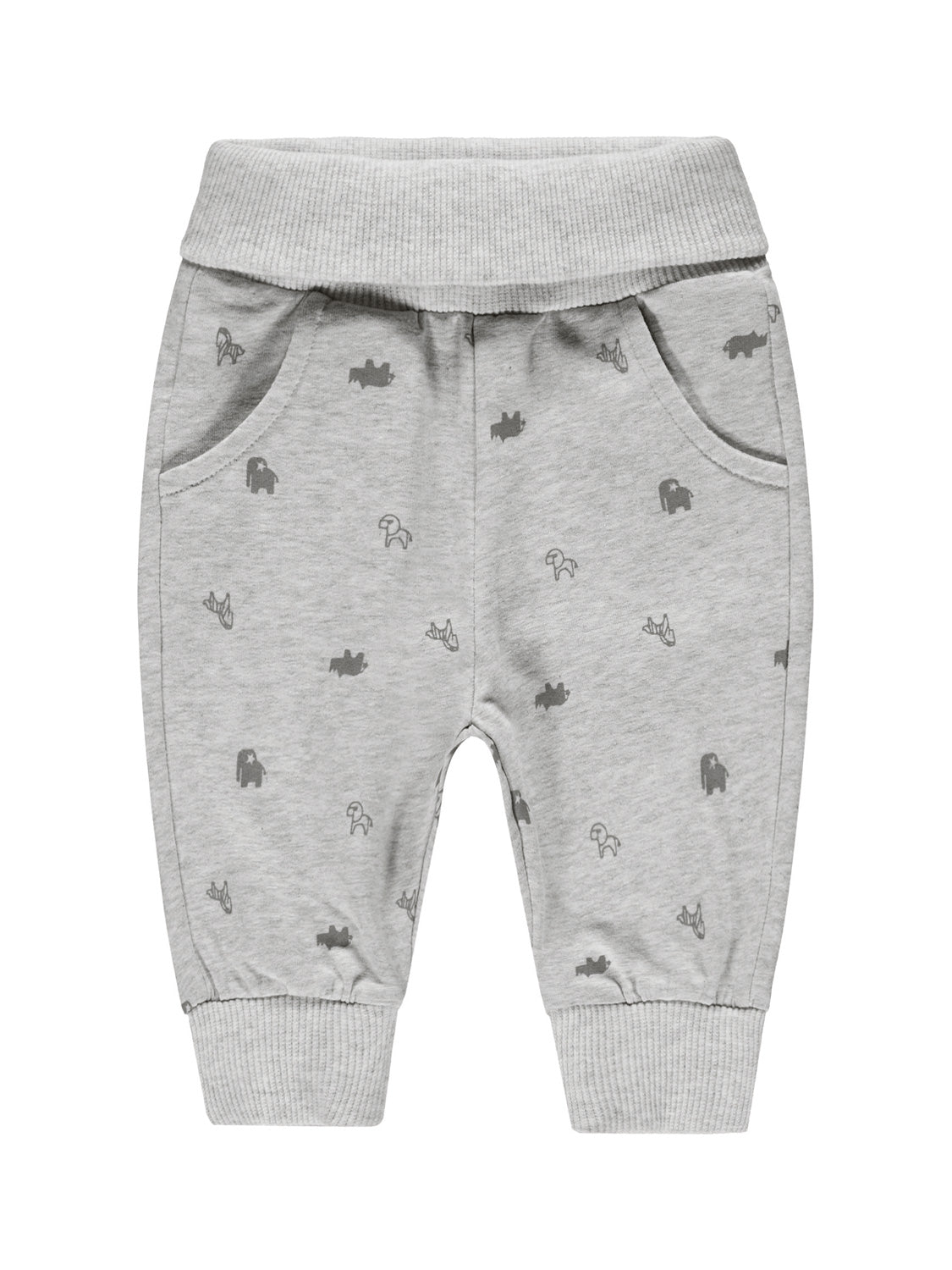 Jogginghose Jungle Life Beige für Kinder mit Rippbund, Rippbündchen an den Knöcheln, zwei Vordertaschen und feinem Allover-Print kleiner Tiersilhouetten, ideal für Babys und Kleinkinder.
