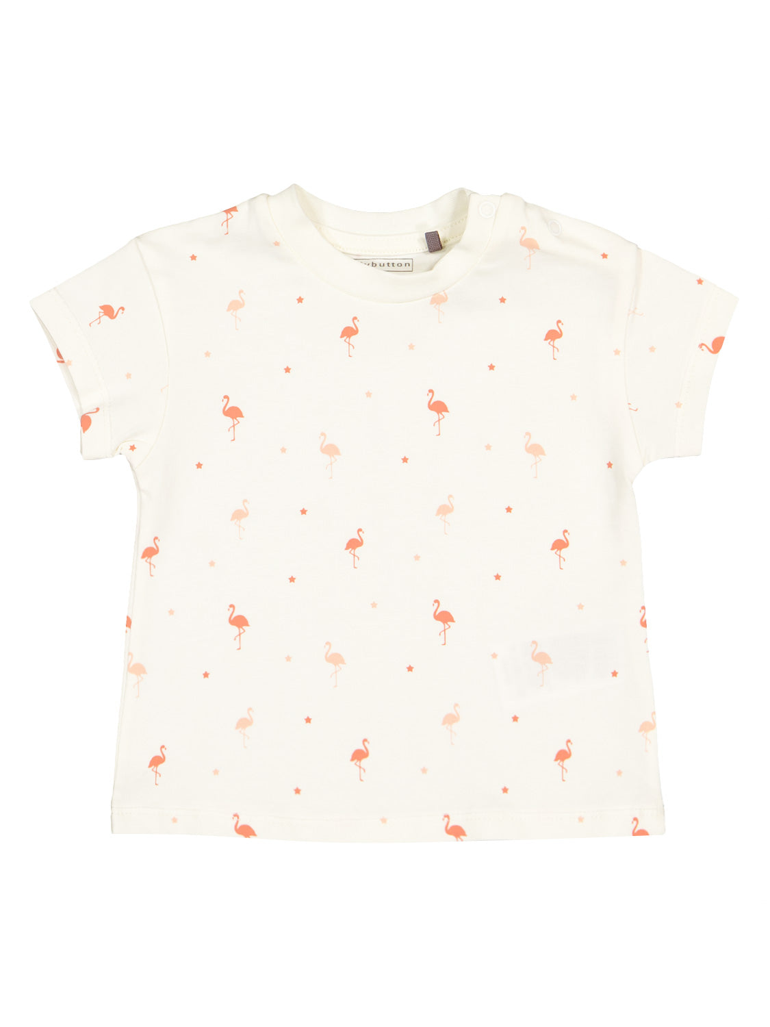 T-Shirt Cremeweiß mit rosa Flamingos und Sternmotiven für Babys, mit Druckknöpfen an der Schulter für einfaches Anziehen. Ideal für stilvolle Babybekleidung von bellybutton.