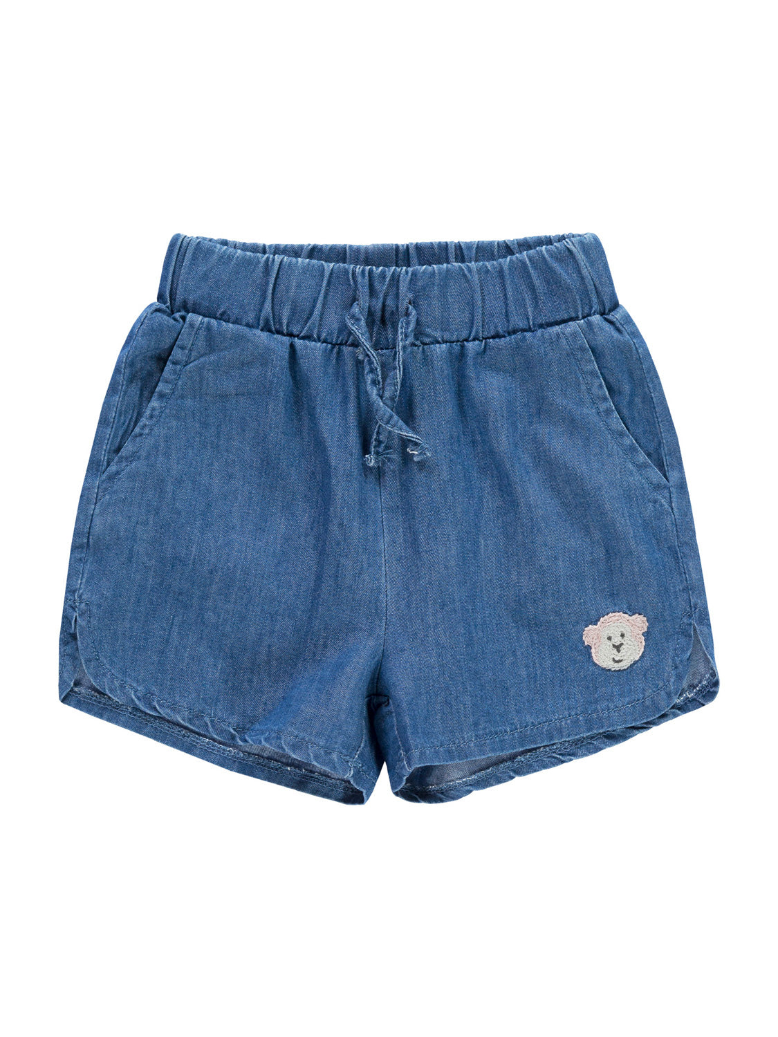 Shorts Blau mit elastischem Kordelzugbund, Seitentaschen und gesticktem Teddybär-Emblem, ideal für Kinder, erhältlich bei bellybutton für stilvolle Kindermode.
