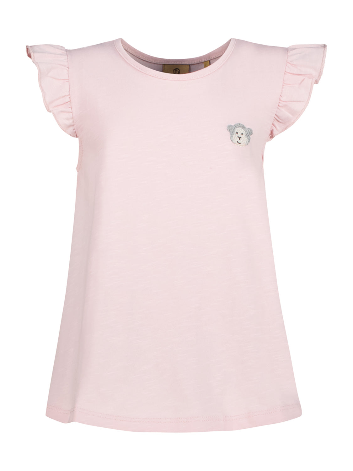 T-Shirt Rosa: Ärmelloses Mädchentop mit zarten Rüschen an den Schultern und einem kleinen, gestickten Teddybären-Patch auf der Brust. Leicht ausgestellter Schnitt. Perfekt für den sommerlichen Look.