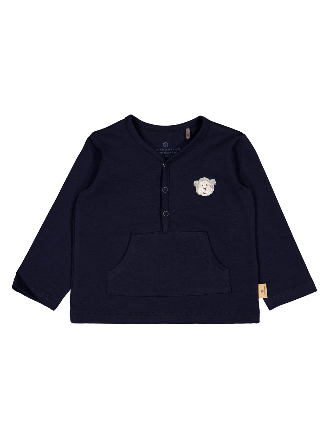 Longsleeve Marineblau: Kinderpullover mit langen Ärmeln, halber Druckknopfleiste, Kängurutasche und kleiner Teddybär-Applikation links. Perfekt für stilvolle Kindermode bei bellybutton.