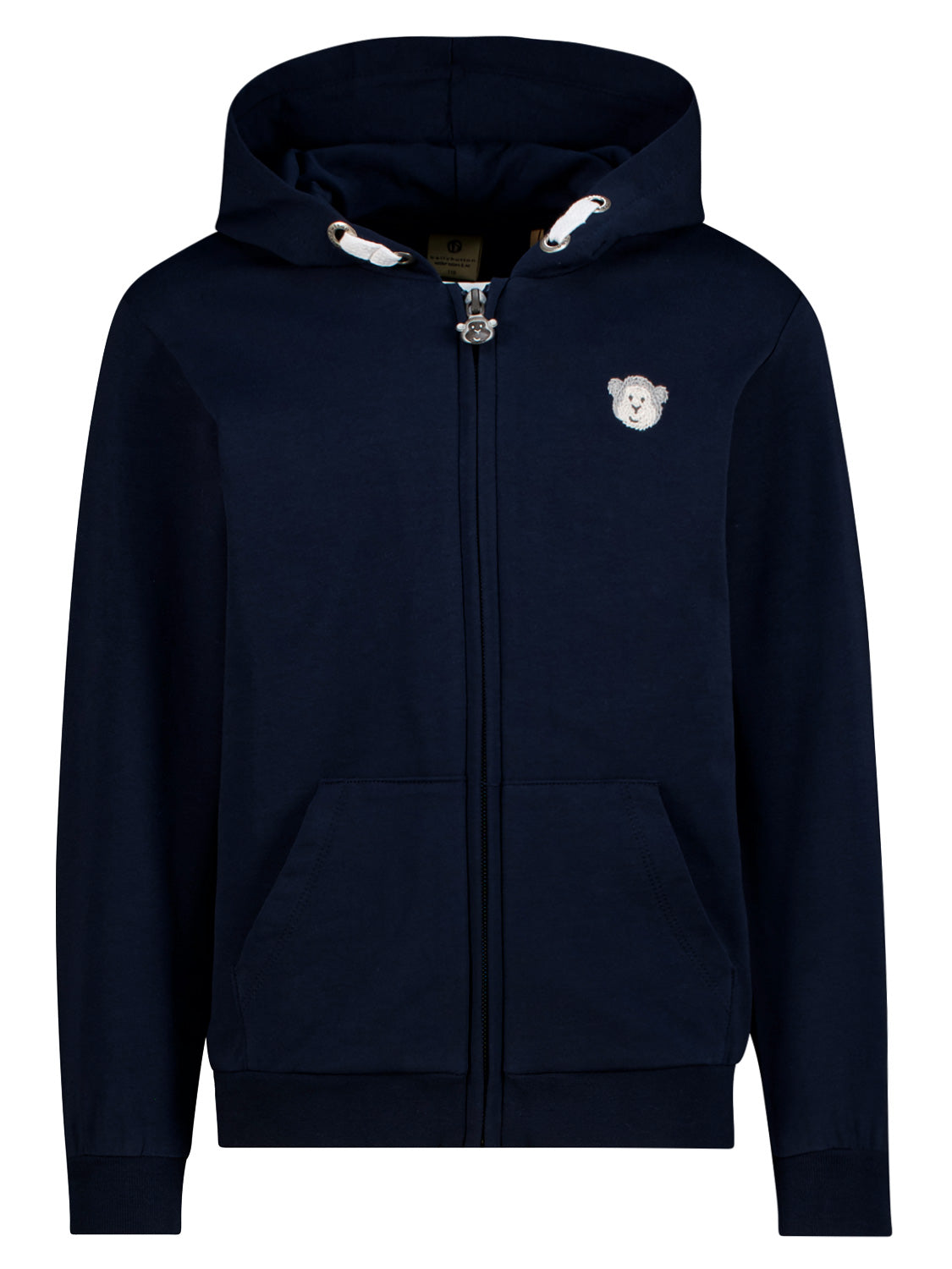 Sweatjacke Marineblau mit Reißverschluss, Kapuze mit weißer Kordel, Kängurutaschen, gerippten Bündchen und kleinem Teddybär-Gesichtslogo auf der linken Brust.