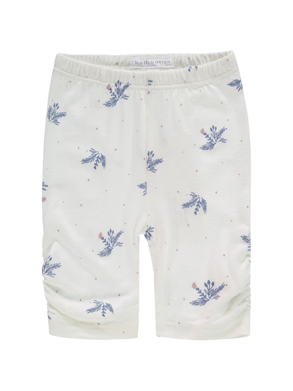 Leggings Weiß aus weichem Strick mit blauen Blumensprigs und rosa Punkten, elastischer Bund mit bellybutton-Label, ideal für Kinder.